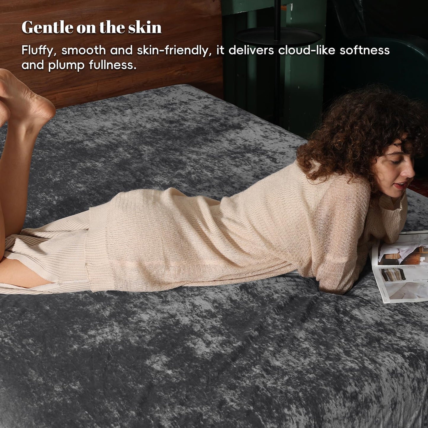 PHF Truly Velvet Fitted Sheet Only Queen Size, Luxury Super Soft Cozy Fuzzy Fleece Bottom Sheet with Deep Pocket Up to 16",Suitable for Fall Winter Spring, No Pillowcases, Charcoal/Dark Grey
