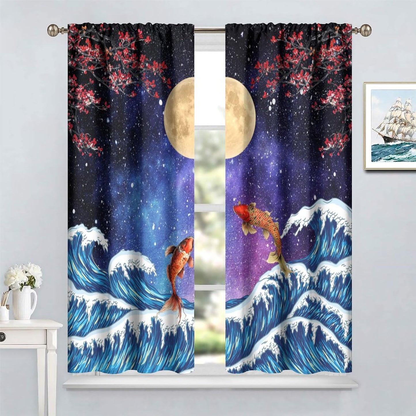 Koi Asian Oriental Cherry Blossom Moon Sea Wave Pattern Curtains for Bedroom Living Room Kitchen - Blackout Privacy Noise Reduction - 42x45 Inches 2 Panels