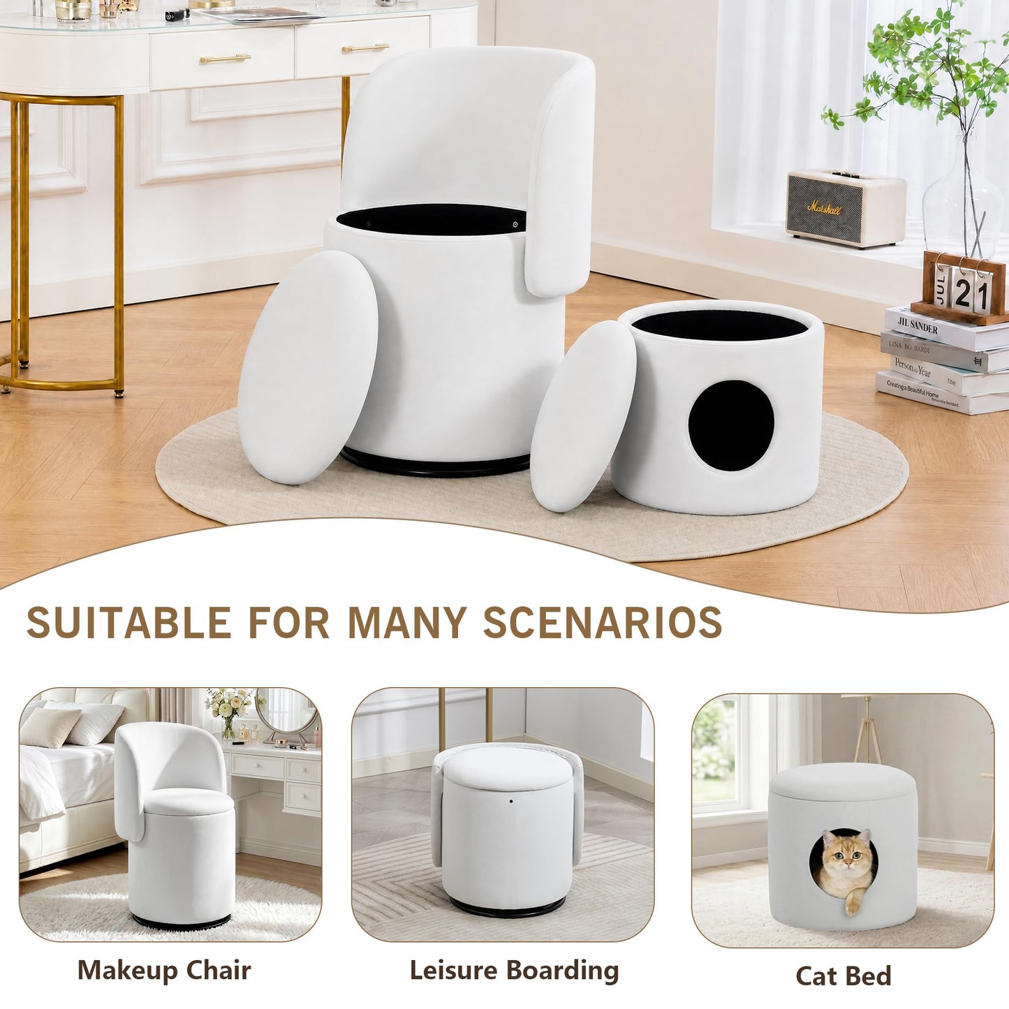 WOCFYK Makeup Vanity Chair with 360 Degree Swivel and Hidden Storage, Upholstered Barrel Accent Chair with Back, Matching Cat Bed Stool for Bedroom, Vanity Room, Living Room, White Velvet