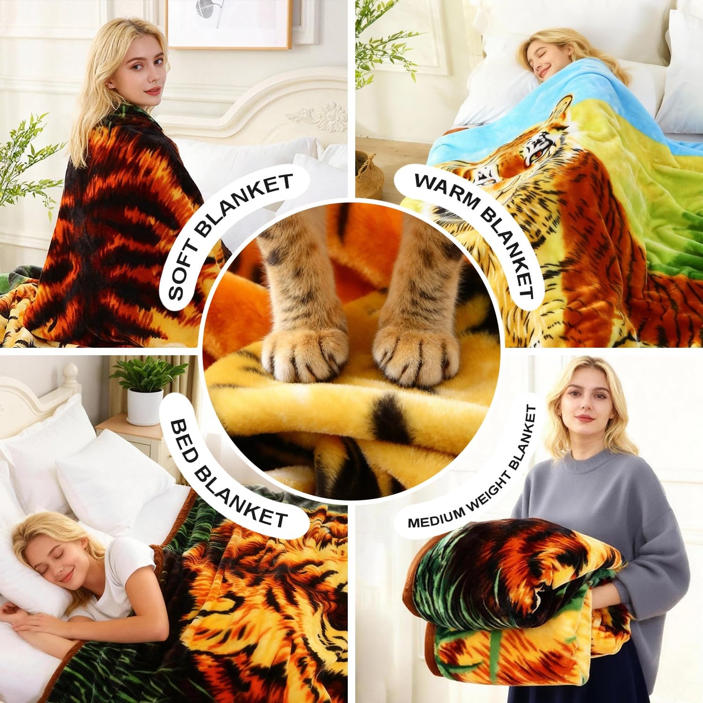 JYK Soft Fleece Bed Blanket Queen Size 5LB, Korean Style 2 Ply Reversible 520GSM Silky Plush Blanket Microfiber, Warm Cozy Blanket for Autumn, Winter 75x87 Inches - Green Tiger/Brown Tiger