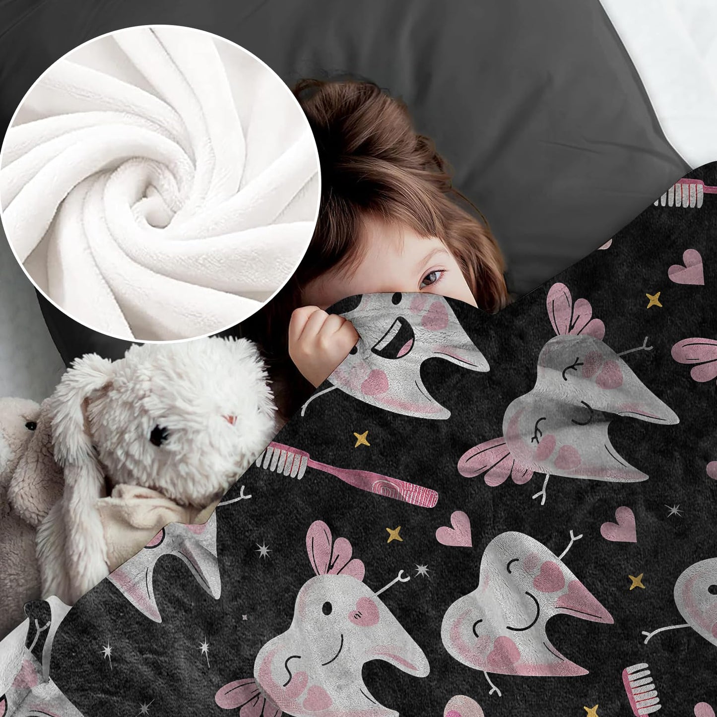 cromcu Cute Tooth Fairy Throw Blanket Warm Lightweight, Pink Dental Heart Flannel Blankets Gifts for Girls Women Dental Lovers, Home Decor Throws for Couch Sofa Camping Office Travel, Black 60"X50"