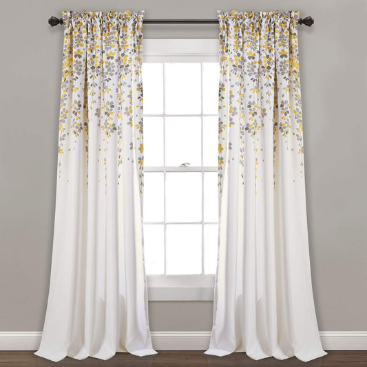 Lush Decor Weeping Flower Light Filtering Window Curtain Panels, Pair, 52"W x 84"L + 2" Header, Yellow & Gray - Charming Modern Floral Curtains for Living Room, Dining Room, & Bedroom