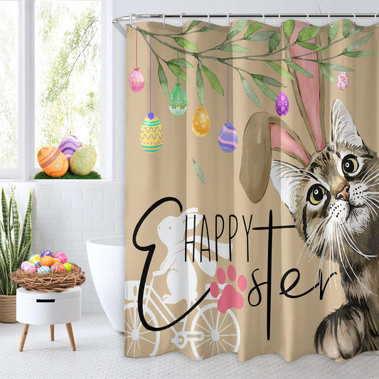 Roszwtit Happy Easter Shower Curtain, Easter Cat Bunny Shower Curtains for Bathroom, Spring Easter Eggs Home Decor Waterproof Fabric with Hooks 72x72 Inch