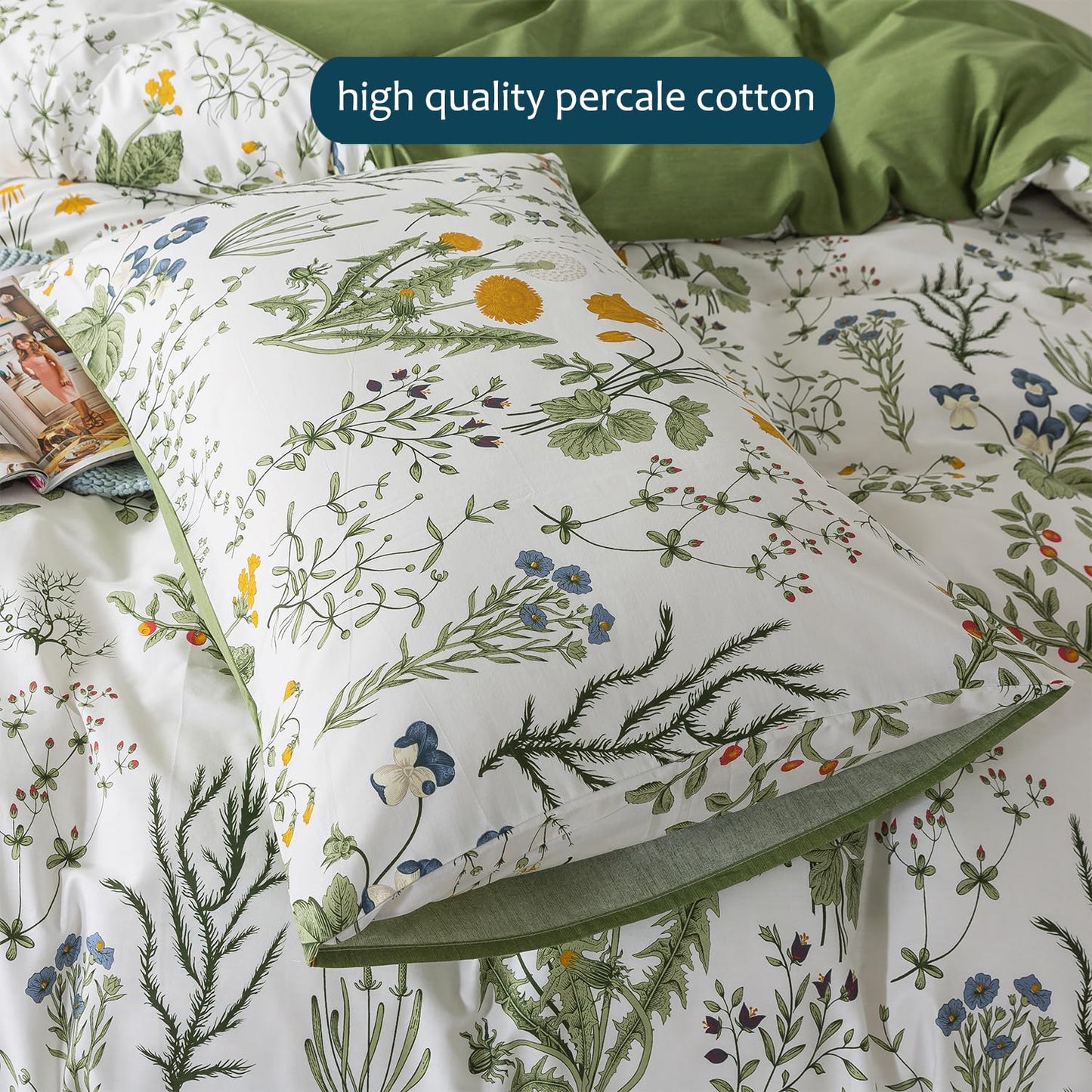 Zusbest Floral Duvet Cover King 100% Percale Cotton Botanical Garden Flower Printed Bedding Reversible Green Yellow Leaves Pattern Comforter Covers French Country Bedding Soft 3Pcs-Not Comforter
