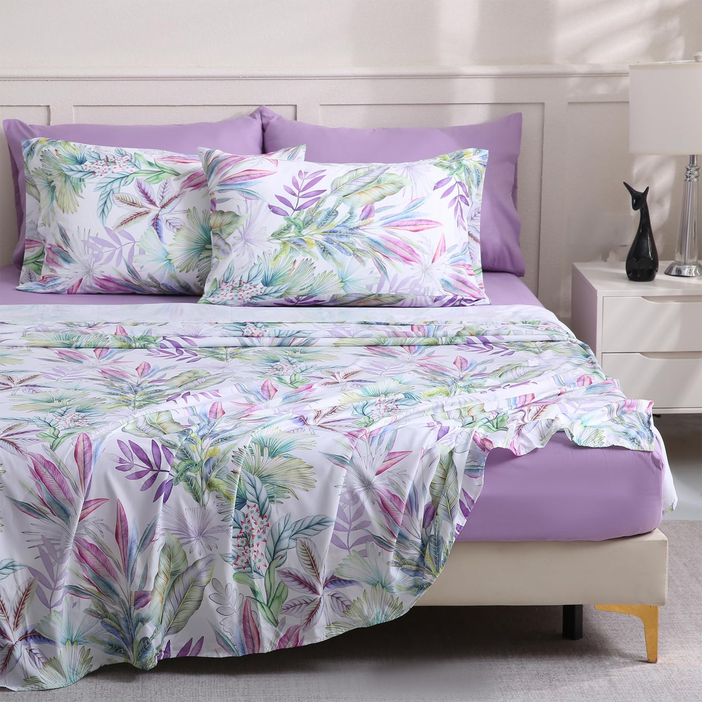 LONAVA Botaincal Queen Size 6 Pcs Sheet Set, Breathable Microfiber Deep Pocket Lavender Fitted Sheets, Comfy & Breathable Patterned Flat Sheets,4 Gentle Soft Pillowcases, Tropical