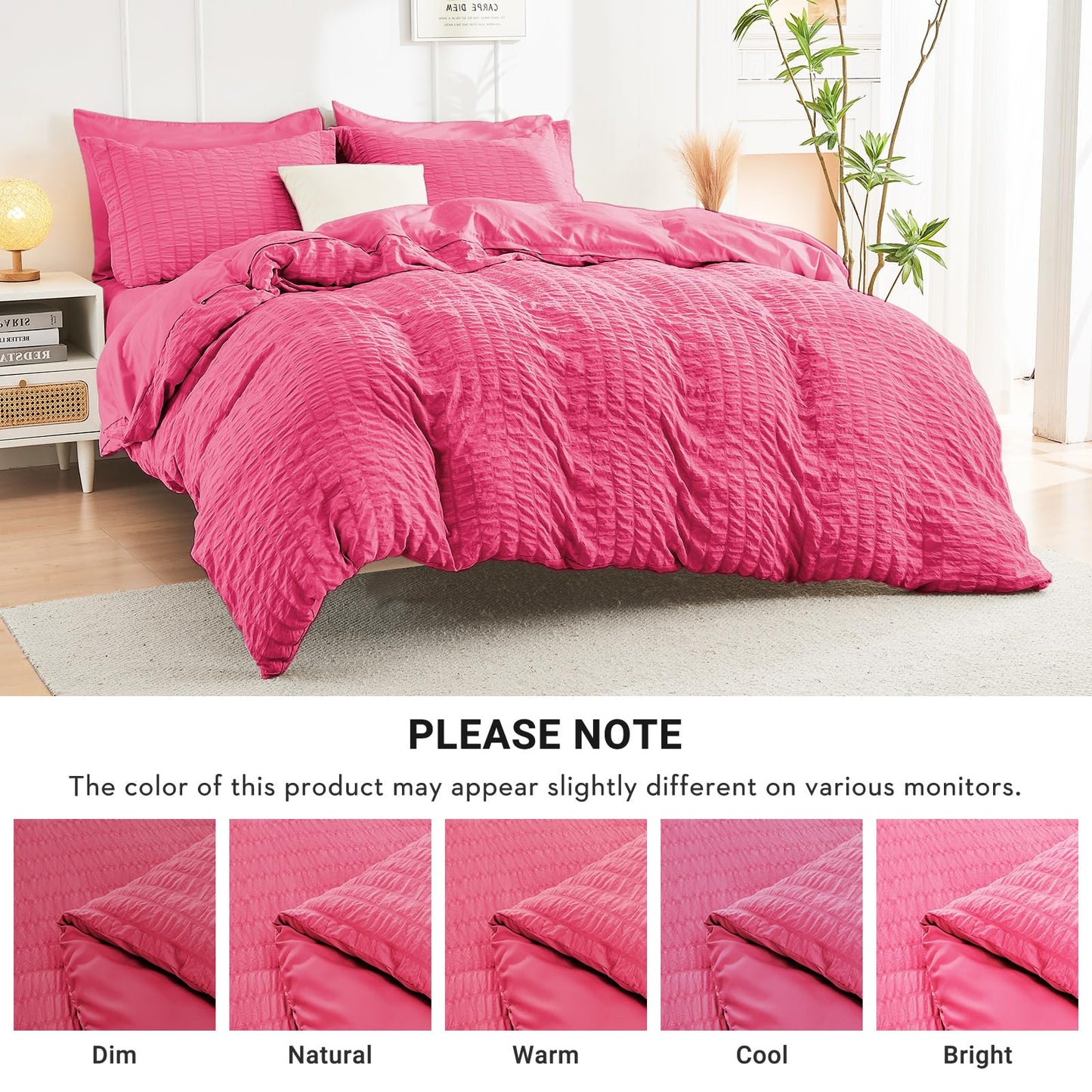 HYMOKEGE Hot Pink Twin Comforter Set Seersucker 5 Pieces, All Season Luxury Bed in a Bag for Bedroom, Bedding Set with Comforter, Sheets, Pillowcase & Sham