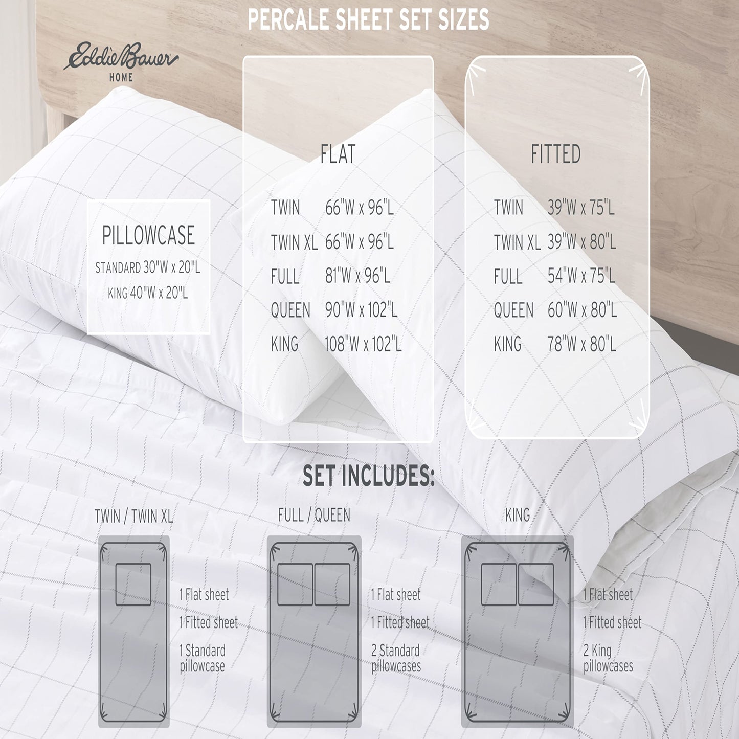 Eddie Bauer - Twin Sheet Set with Fitted Sheet & Pillowcase, 100% Cotton Percale Bedding, Crisp & Cool, Dorm Room Essentials, Chinook Grey