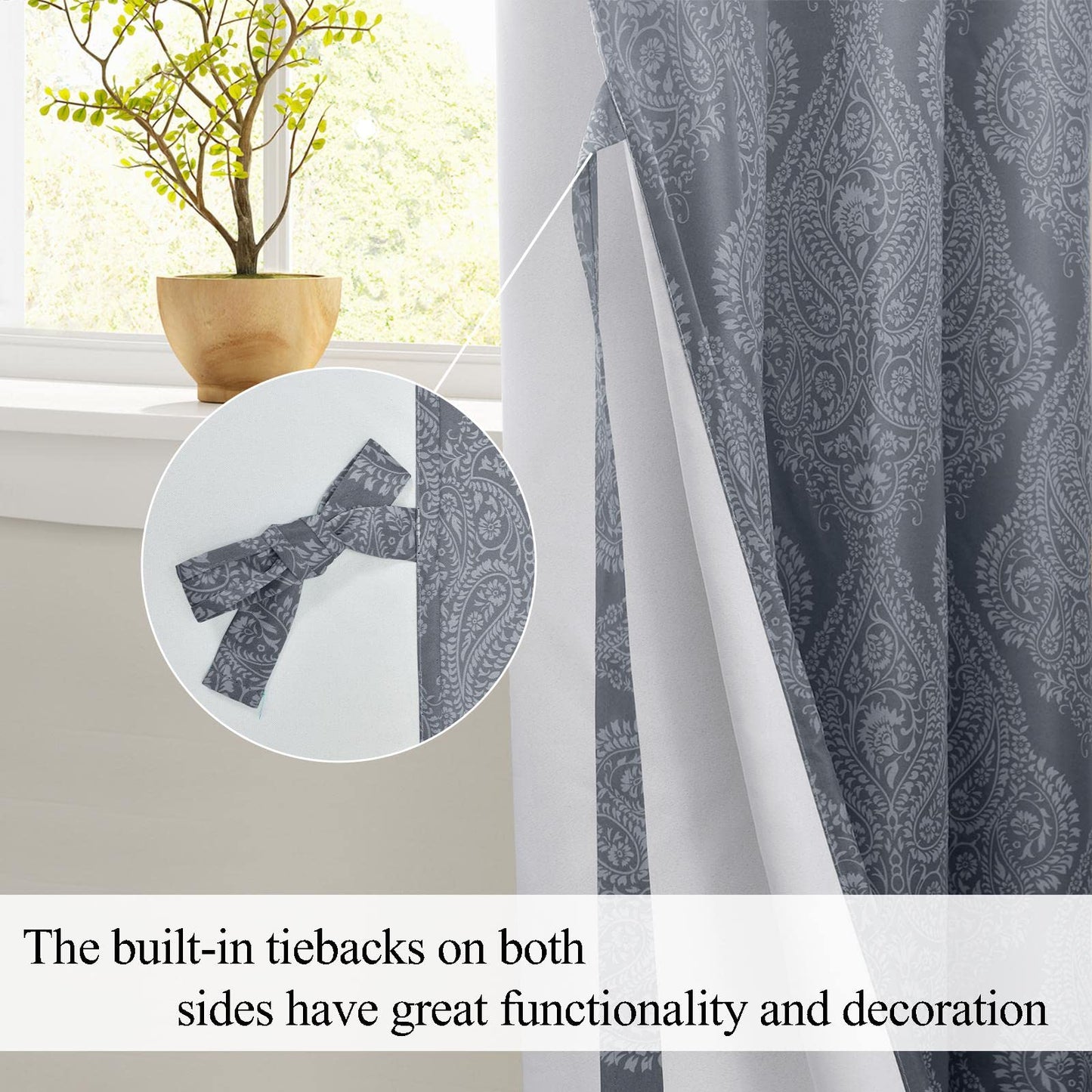 JIUZHEN Grey Ombre Blackout Curtains for Bedroom– Damask Patterned Thermal Insulated Noise Reducing Grommet Curtains with Tiebacks, 42 x 63 Inches, Set of 2 Window Curtain Panels