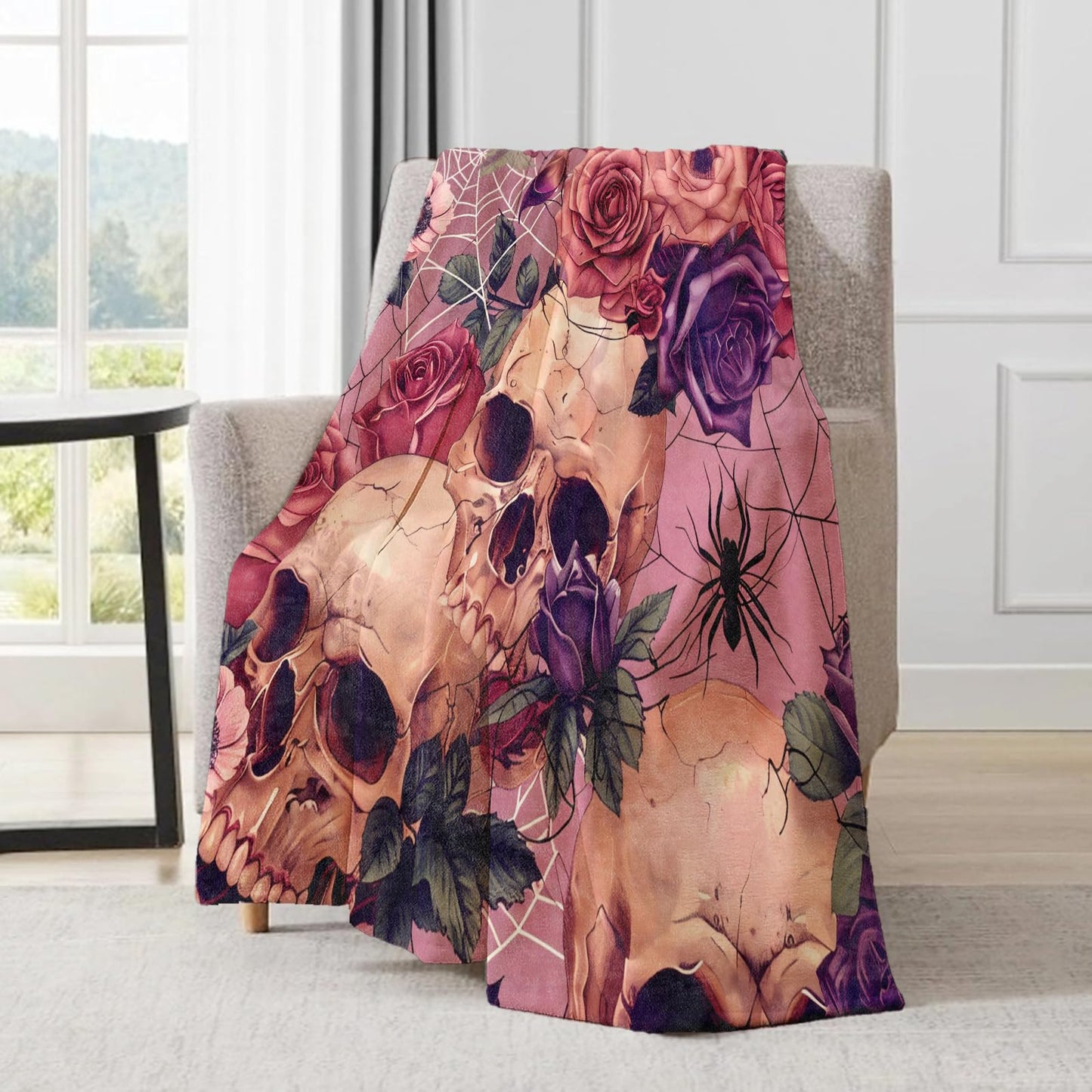 ainori Gothic Rose and Skull Flannel Blanket - Goth Floral Dark Pink Throw,Gifts for Girls Women, Ultra Soft & Warm,Lightweight, for Couch Bedroom Living Room Halloween Festive Goth Decor 50x60in