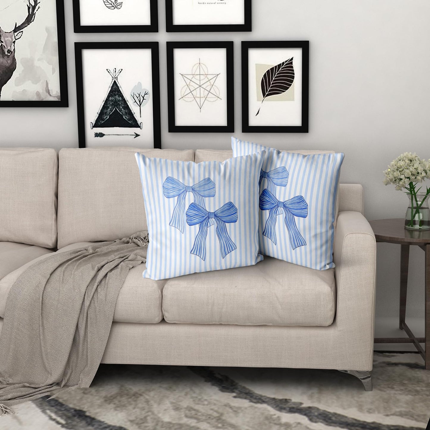 Giwawa Blue Bow Pillow Cover 18x18 Inch Set of 2 Light Blue and White Striped Throw Pillow Covers for Dorm Bedroom Decor, Double Sided Pattern
