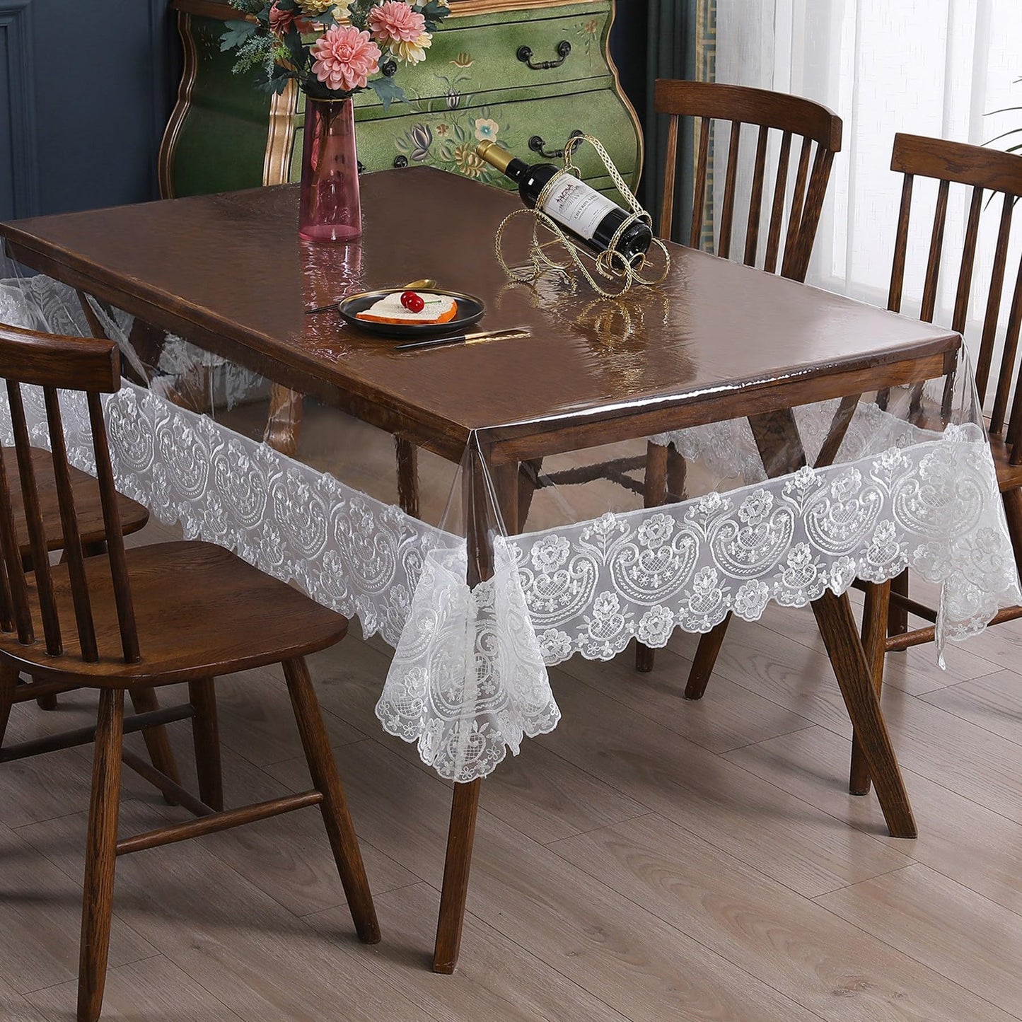 Jusmate Clear Vinyl Tablecloth Protector Transparent PVC Lace Border Plastic Waterproof Oil-Proof Rectangle Table Cover for Kitchen Home Dining Holiday Decoration (White, 60 x 120 Inch)