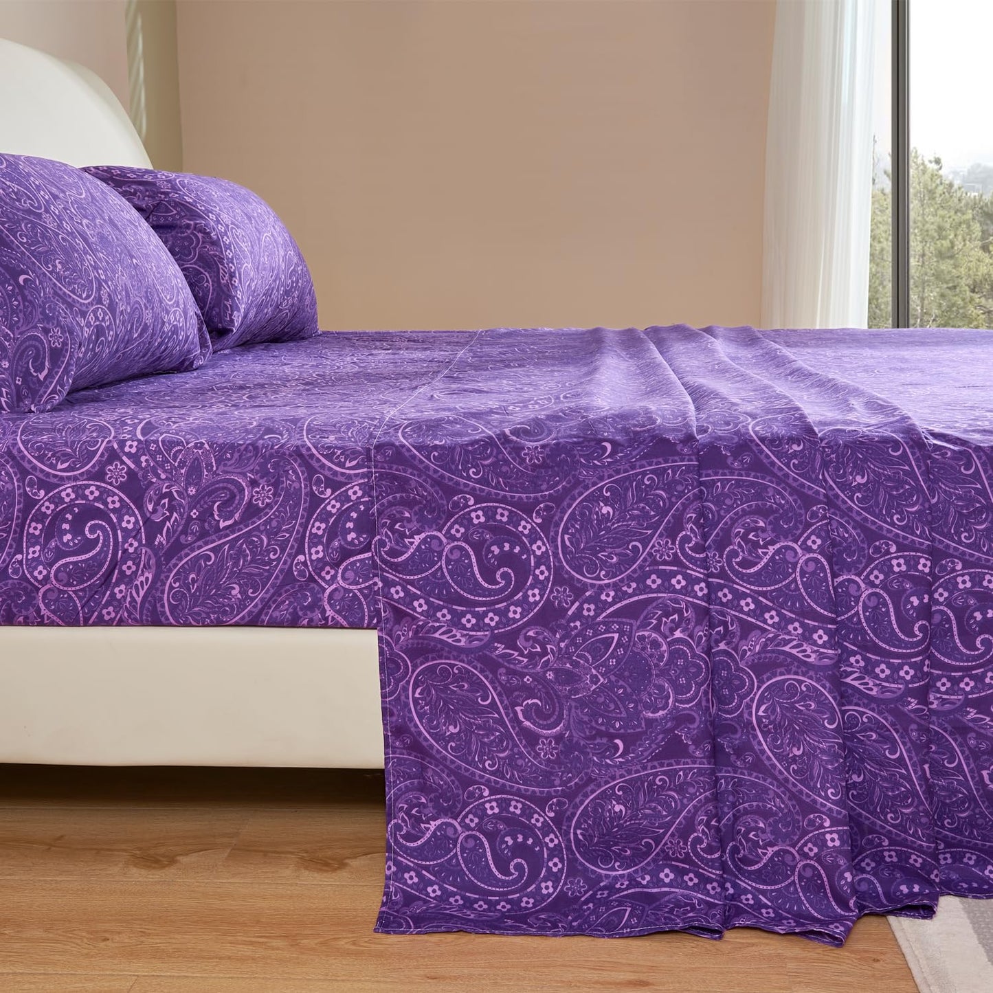 KACEMOO Cal King Sheet Set, California King Size Bed Sheets, Deep Pocket Purple Paisley Sheets Set, Soft Fitted Sheets Set Microfiber Breathable