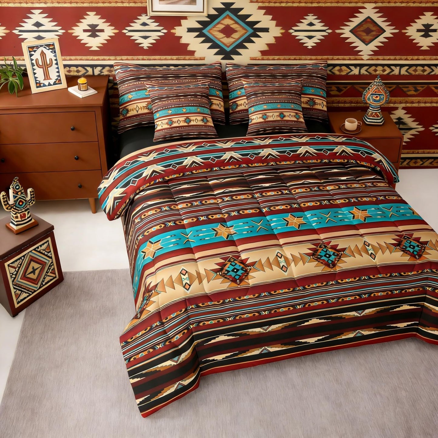 Bohemian Aztec Queen Comforter Set with Sheets Western 7 Piece Bedding Set Retro Southwestern Bed in a Bag, Arrow Western Star Geometric Sriped Bed Sets African Nordic Style Boho Decor,Warm Taupe