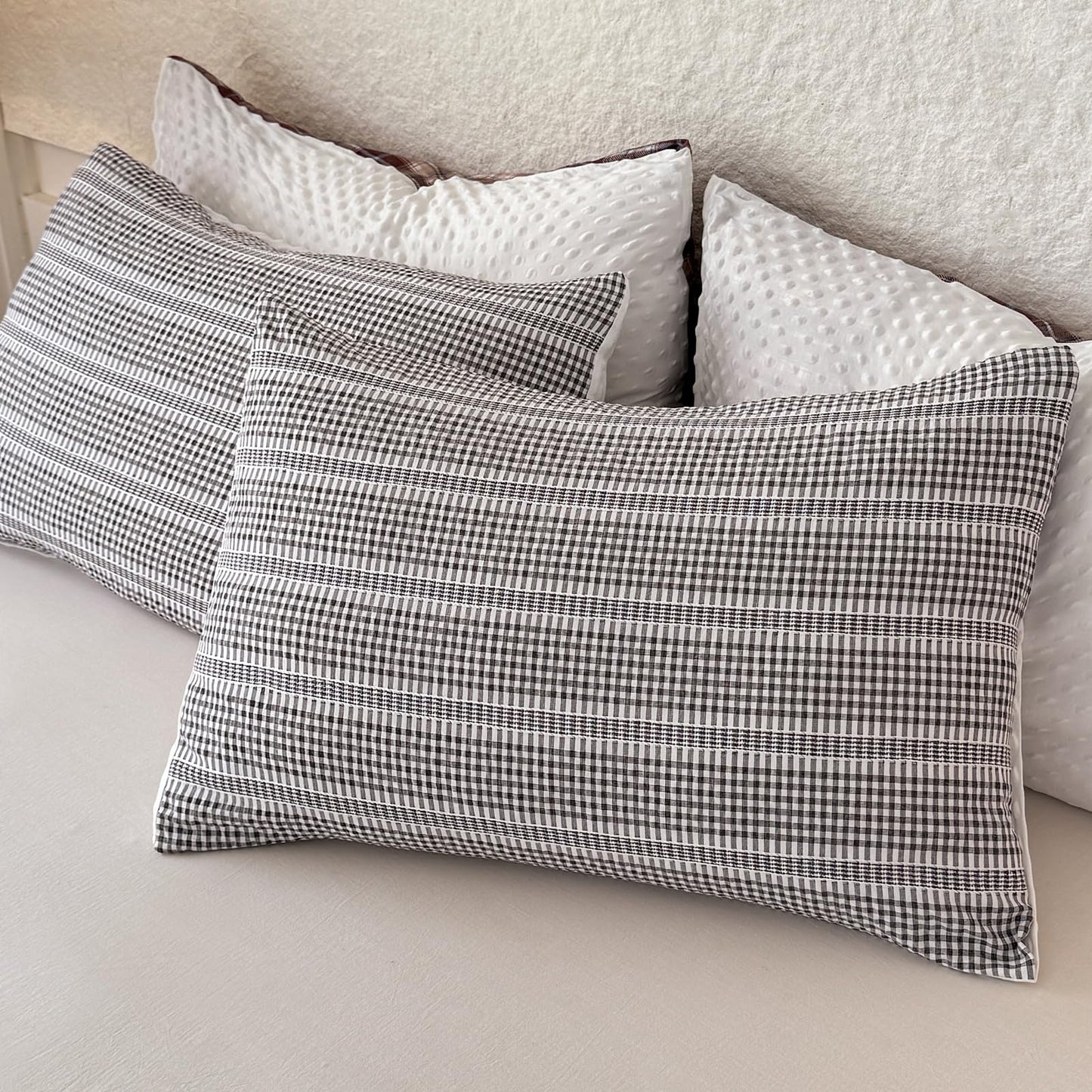 tohrisa Boho Comforter Set Twin Size - 2 Pieces Lightweight Jacquard Seersucker Bedding Sets (1 Soft Fluffy Grid Comforter & 1 Pillowcase) - All Seasons Cozy Modern Bed Set(68"x90" Dark Grey)