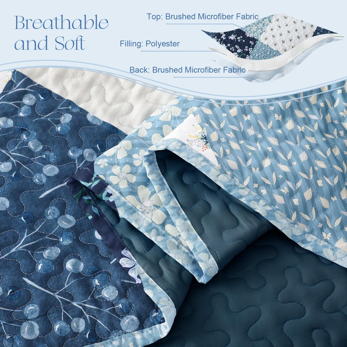 Exclusivo Mezcla Reversible Boho Quilts Queen Size, Blue Soft Bedspreads Lightweight Coverlet All Season Patchwork Quilt Bedding Set with Printed Floral Pattern (1 Quilt, 2 Pillow Shams)
