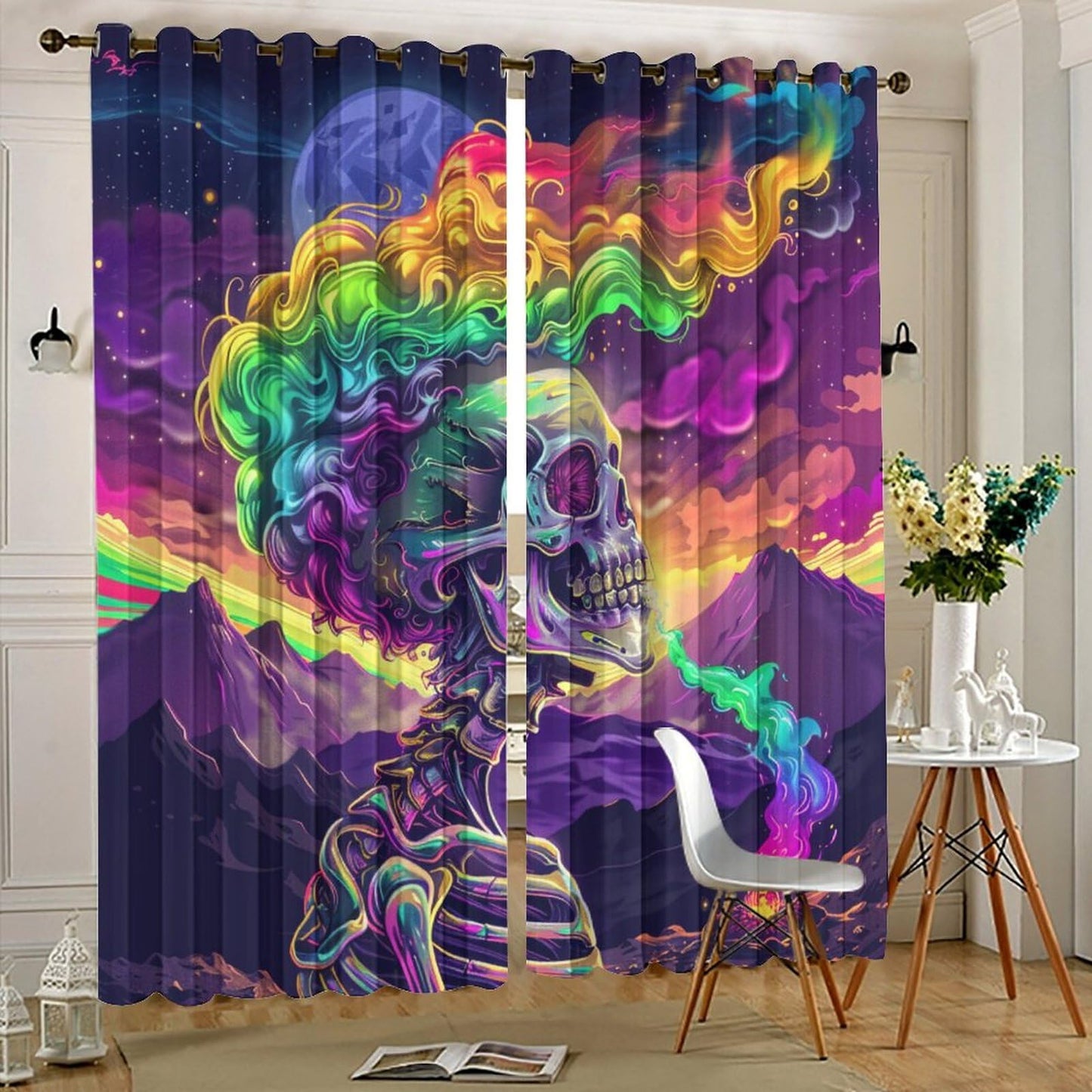 HDESDIS Gothic Skeleton Bone Blackout Curtains for Bedroom, Mystical Space Star Skull Fantasy Grommet Curtains Thermal Insulated Window Drapes for Living Room, 21W x 45L, 2 Panels