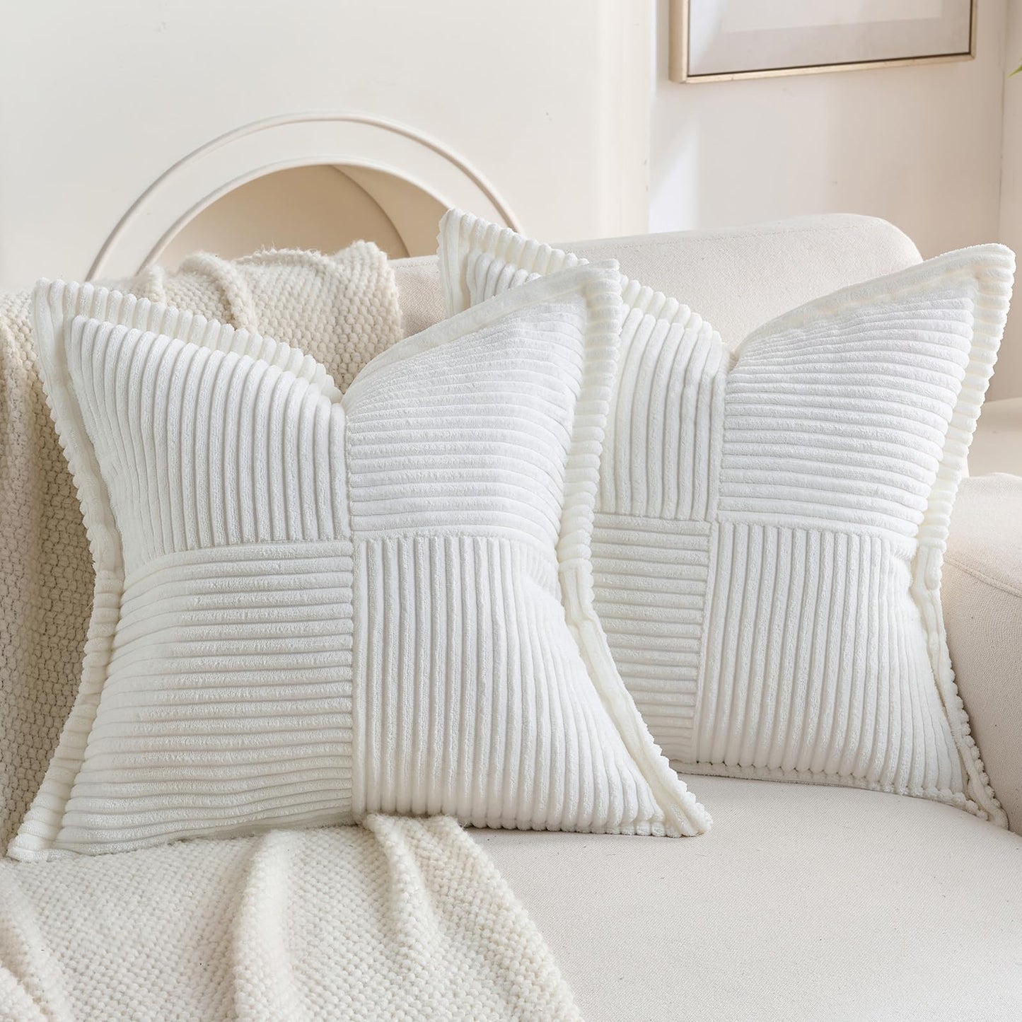 HAUSSY 2 Pack Pillow Covers 18x18 Inch, Corduroy Decorative Throw Pillows Soft Boho Striped Solid Couch Cushion Covers Home Decor Modern Pillow Cases for Living Room Sofa Bed, White (Covers Only)