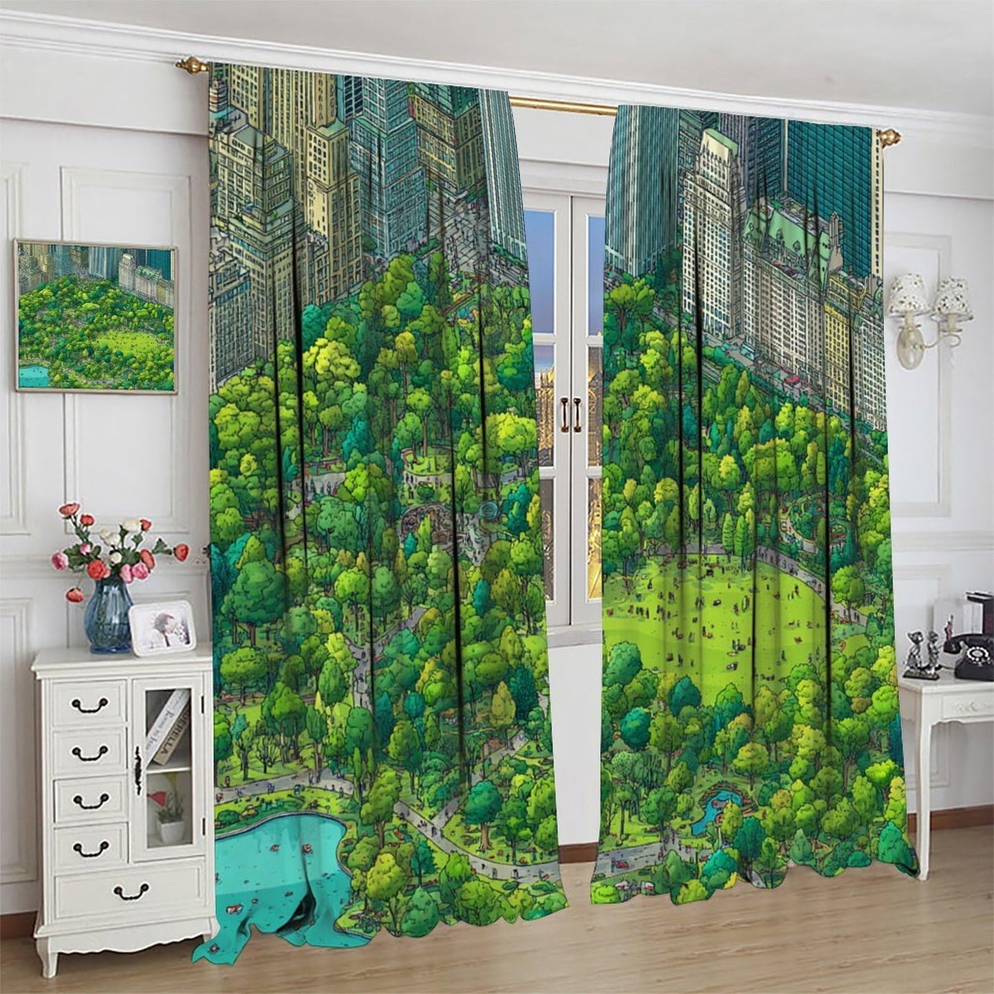 WDHTEXT Nature City Building Tree Blackout Curtains, Thermal Insulated Green River Rod Pocket Window Drapes for Living Room Bedroom Decor, 2 Panels, Each 21W x 45L