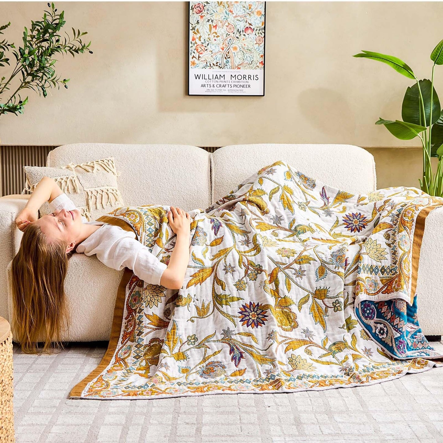 XIBLC Fall Throw Blanket for Couch, Brown Boho Decorative Throw Blanket, 100% Cotton Muslin Breathable Woven Farmhouse Blankets Quilt, 60"x80" Reversible Lightweight Blankets Bohemian Throw Quilt