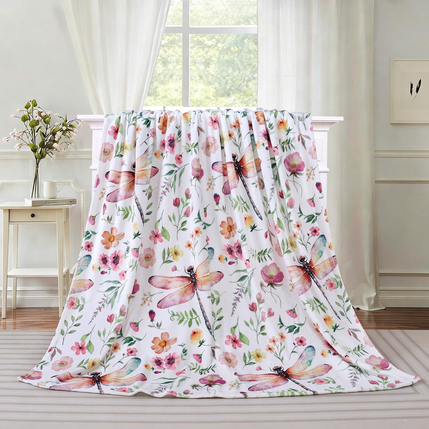 Floral Throw Blanket Flower Plant Bed Blankets Dragonfly Print Blanket Warm Cozy Blankets Super Soft Plush Flannel Fleece Blankets for Couch Bed Sofa 50"x60"