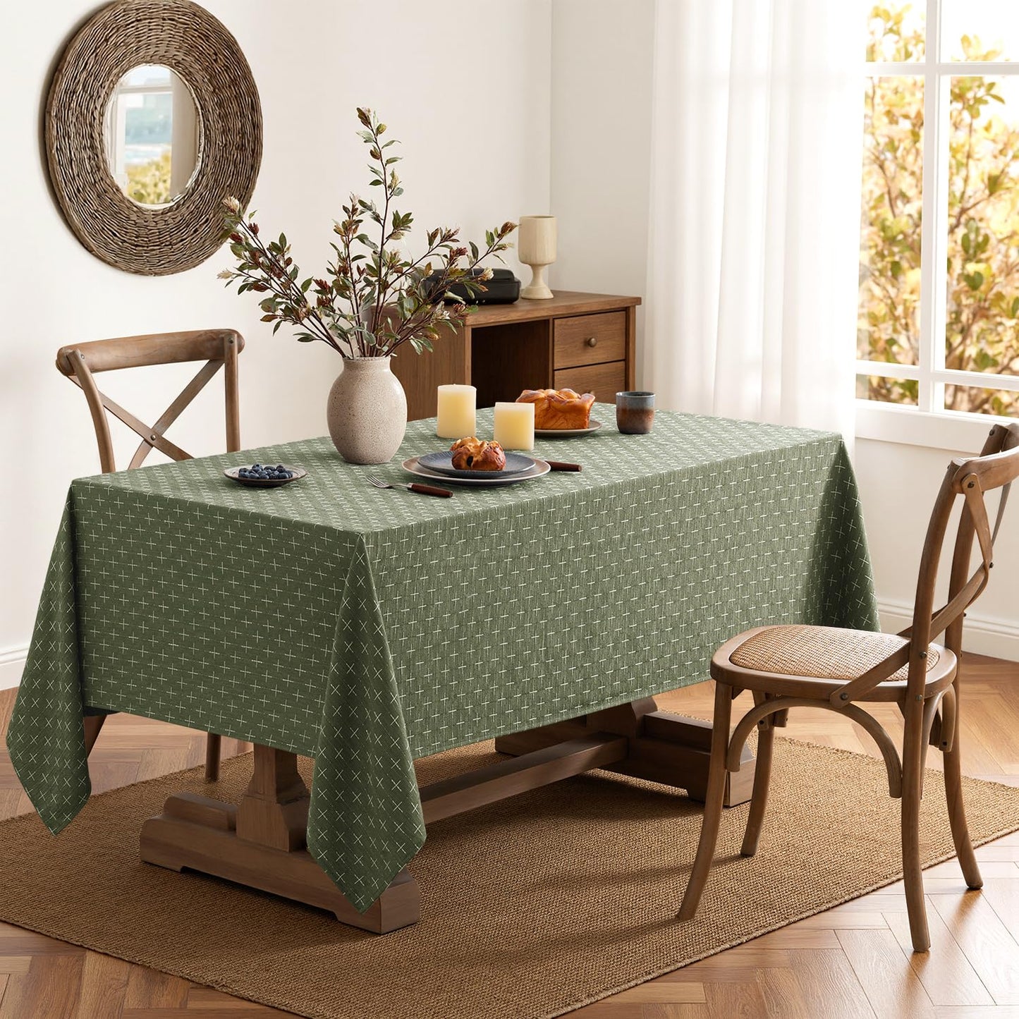 MIULEE Olive Green Linen Table Cloth Rectangle Tablecloth Waterproof Spring Spillproof Cross-Star Textured Table Cloth, Decorative Rustic Farmhouse Style for Dining/Party/Buffet/Wedding,60x84 Inch