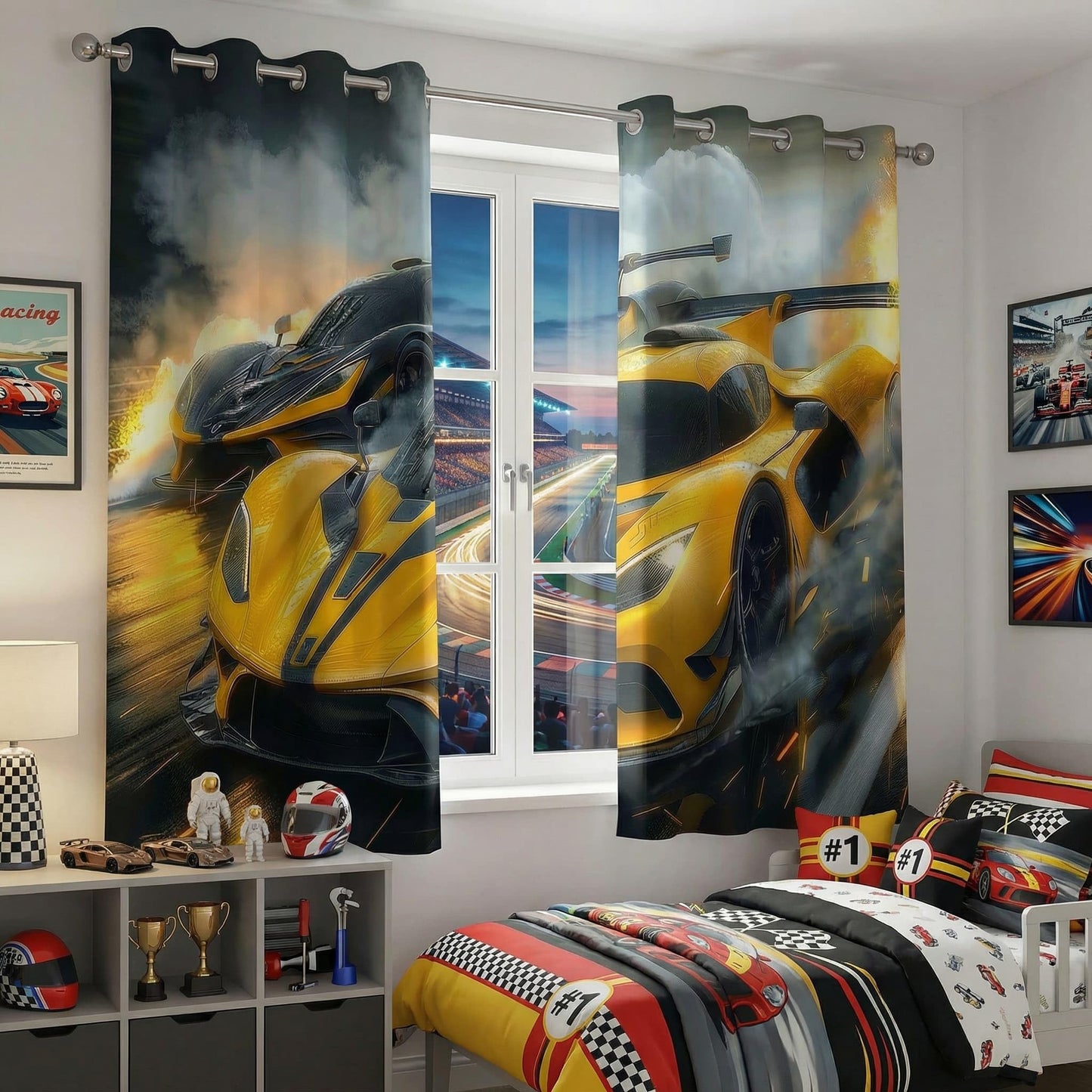 terxgrl Race Car Blackout Curtains for Boys Room, Racing Sports Car Window Drapes for Kids Bedroom, Yellow Black Supercar Darkening Curtains for Teen Gamer Room, 42 x 45 Inch