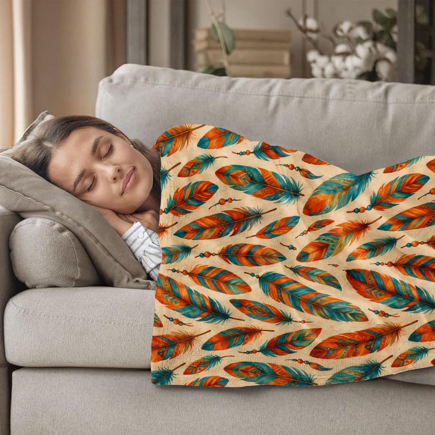 Boho Feather Pattern Fleece Blanket for Boys Girls Kids, Cozy Soft Tribal Art Theme Blankets Gifts for Women, Adults, for Bedroom, Travel, Camping, Sofa, Room Decor 50x60 in