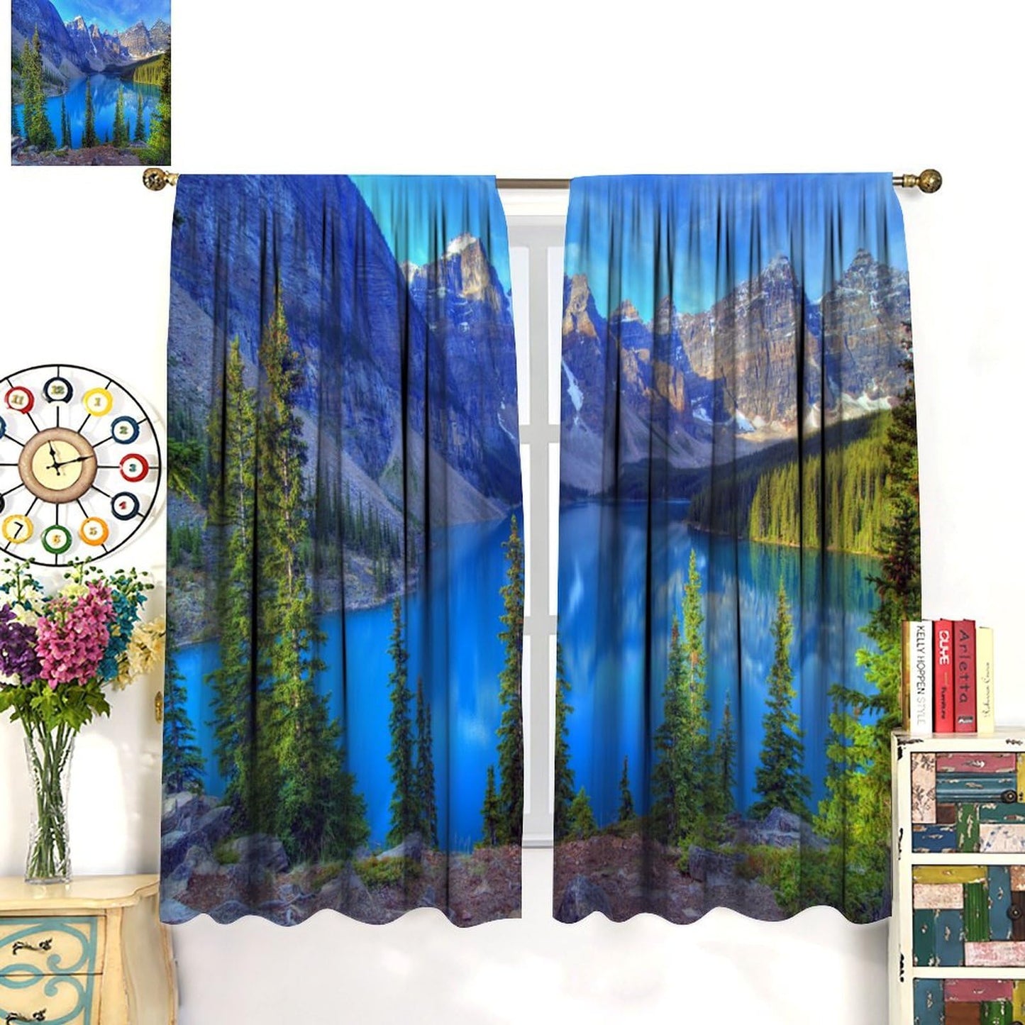 AAVEUP Nature Landscape Curtains for Kitchen,Forest Tree River Mountain Scenery Scene Design Print Window Drapes for Boys Girls Bedroom Living Room 42x45in