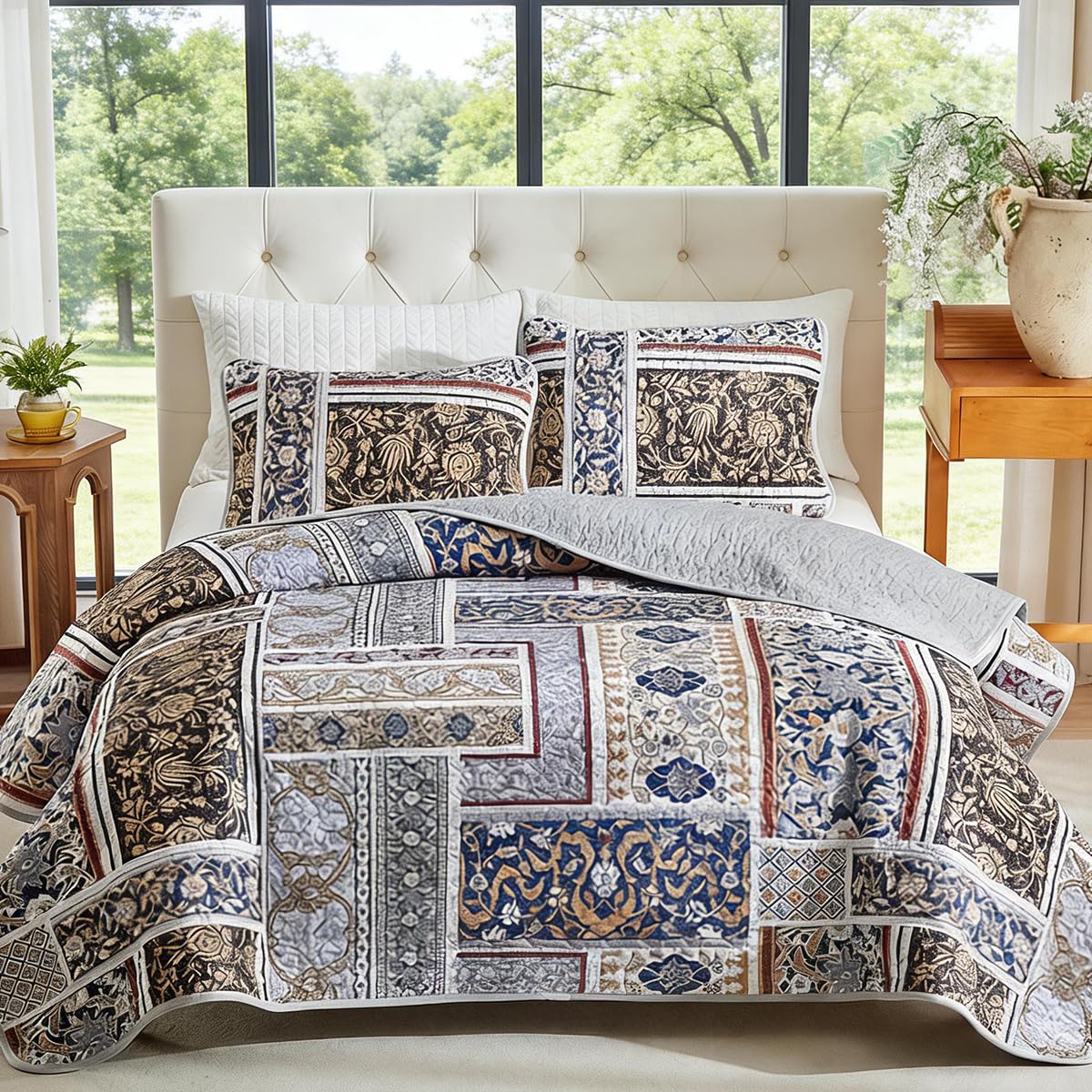Floral Boho Quilts Queen Size Bedding Set Grey 3 Pieces Spring Farmhouse Botanical Summer Bedspreads with 2 Shams Soft Reversible Lightweight Breathable Coverlet Set for All Season (Grey, Queen)