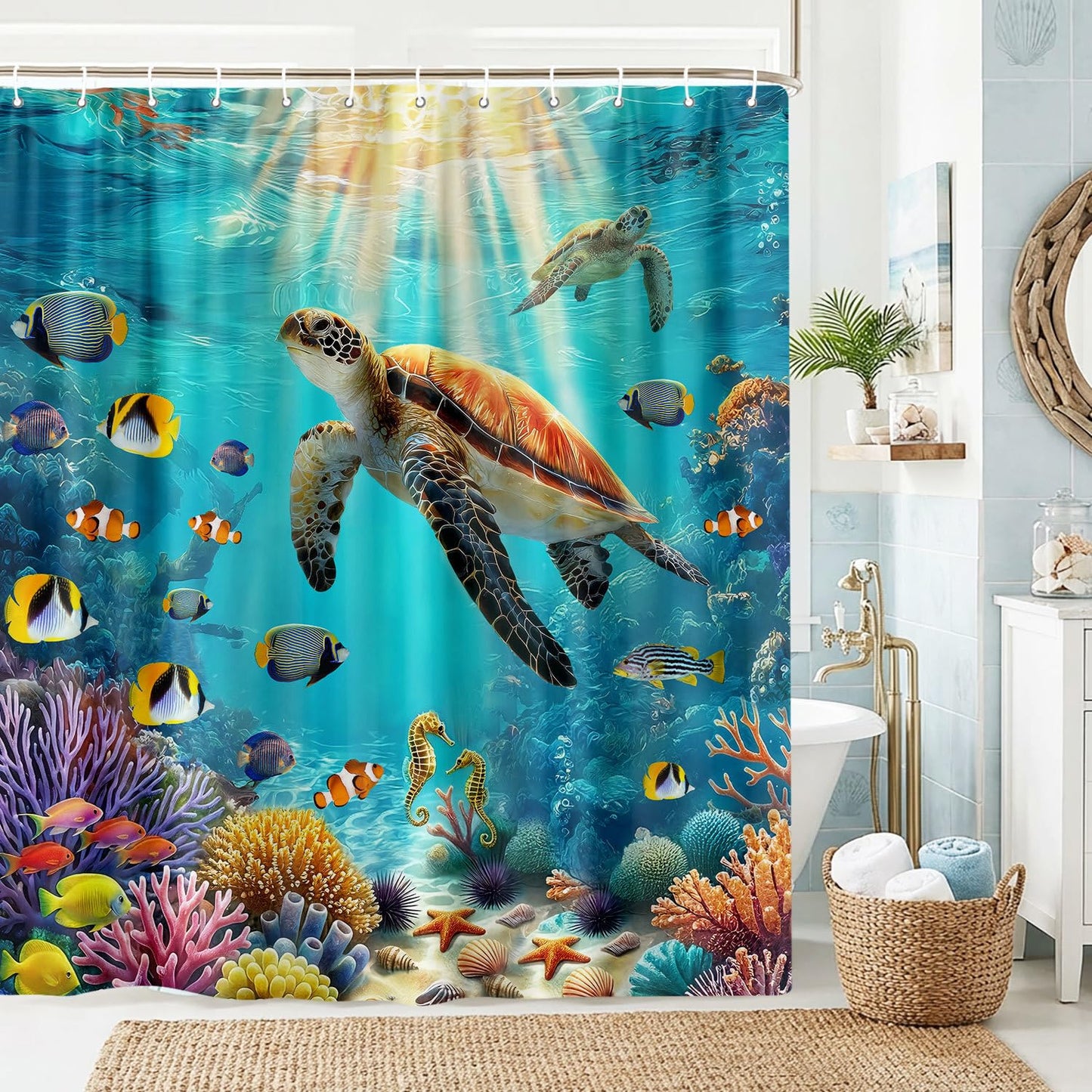 Sea Turtle Shower Curtain, Underwater World Shower Curtain for Kids Bathroom, Tropical Fish Coral Reef Ocean Theme Fabric Beach Shower Curtain Set with 12 Hooks, Coastal Decoration 72X72 with Hooks