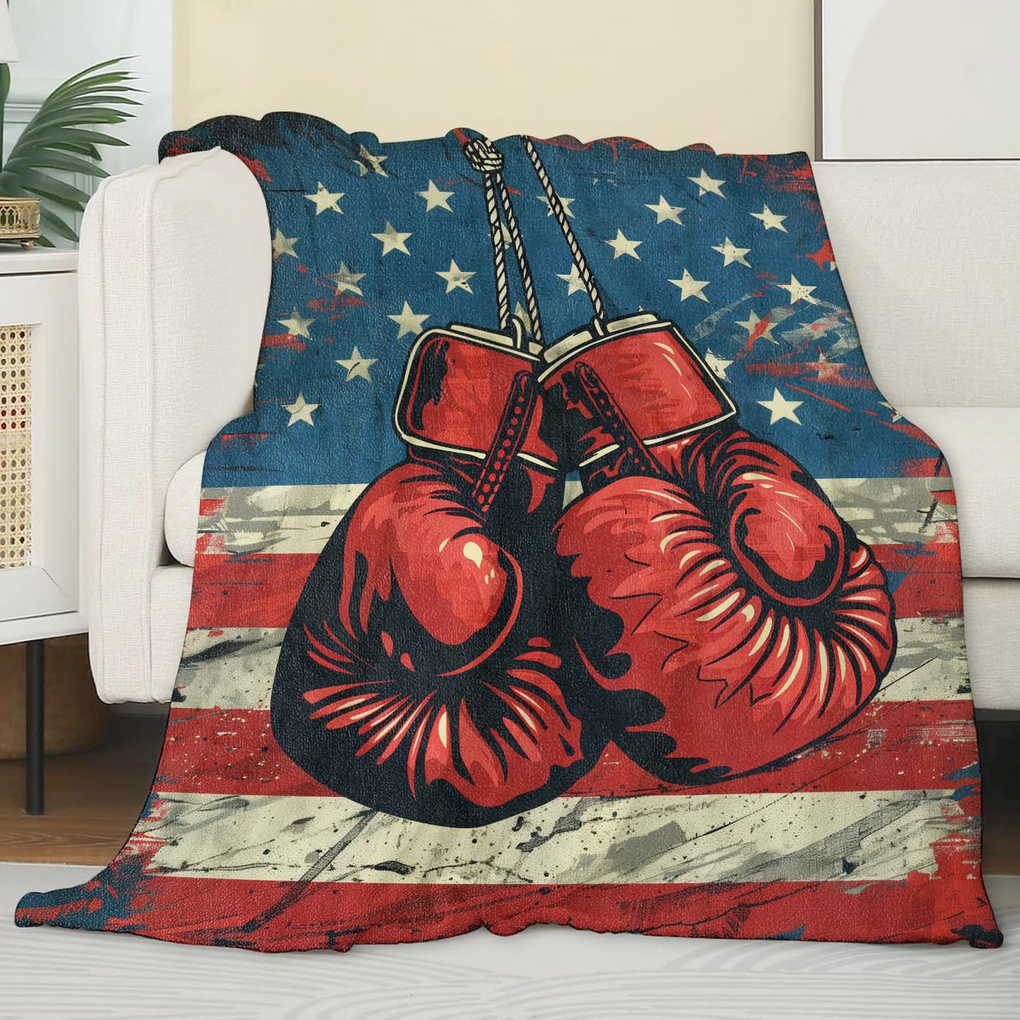 Boxing Blanket for Men Kids, Flannel Boxing Blankets Gifts, American Flag Boxing Throw Blanket for Sofa Couch Bed Living Room Soft Warm Cozy Boxing Decor 60" x 50"