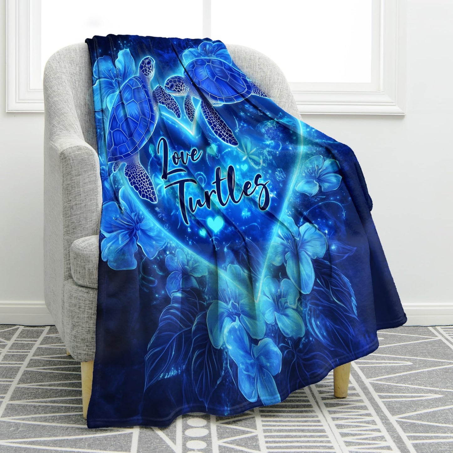 Jekeno Sea Turtle Floral Blanket Gifts for Women Girls Mom Birthday Mother's Day Christmas Blue Ocean Turtles Flowers Print Presents Decor Room Sofa Couch Soft Fuzzy Cozy Plush Throw Blankets 50"x60"
