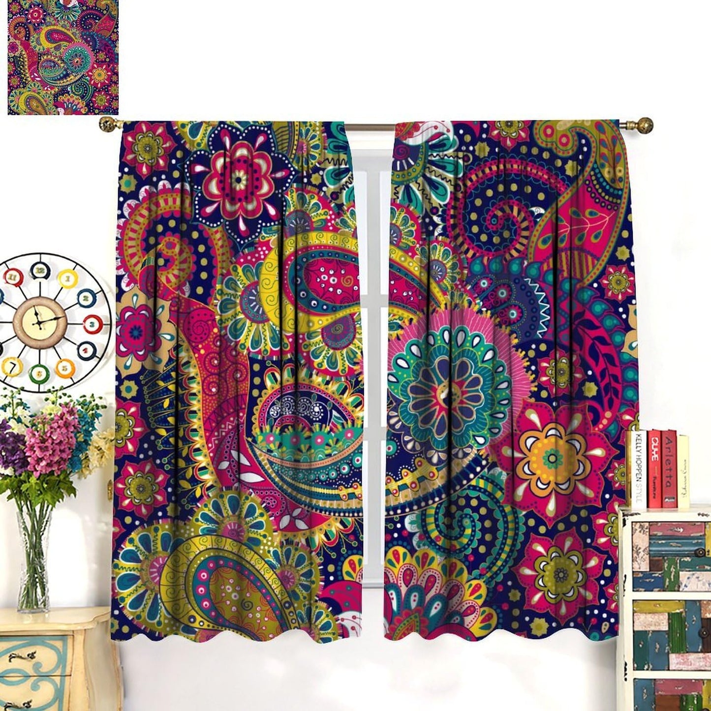 Djaby Paisley Floral Curtains, Colourful Mandala Exotic Flowers Vintage Boho Bohemian Window Treatments for Living Room Bedroom 42" W X 45" L(No Blackout)