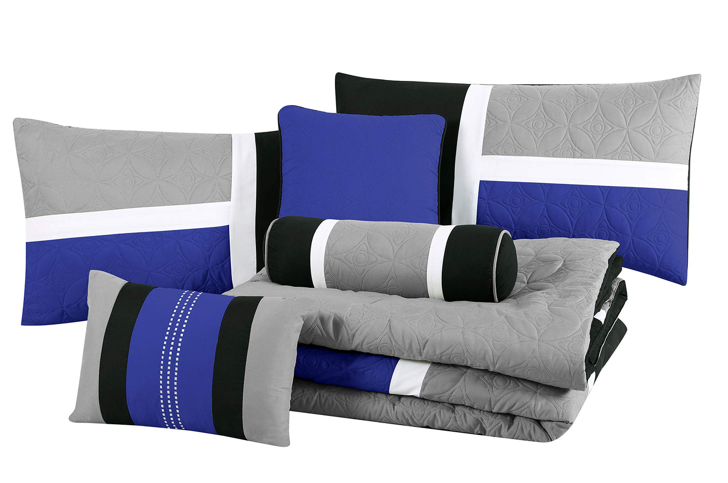 Chezmoi Collection Upland 7-Piece Quilted Patchwork Comforter Set, Blue/Black/Gray, King