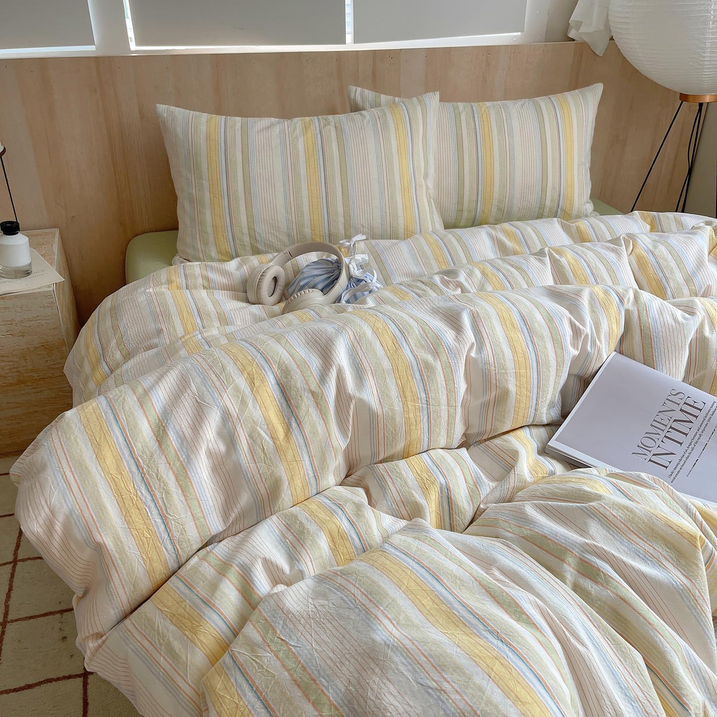 EAVD Retro Striped Duvet Cover Queen Soft Washed Cotton Colorful Wide Pinstriped Bedding Set with 2 Pillowcases Modern Farmhouse Geometric Pattern Duvet Cover with Zipper Closure