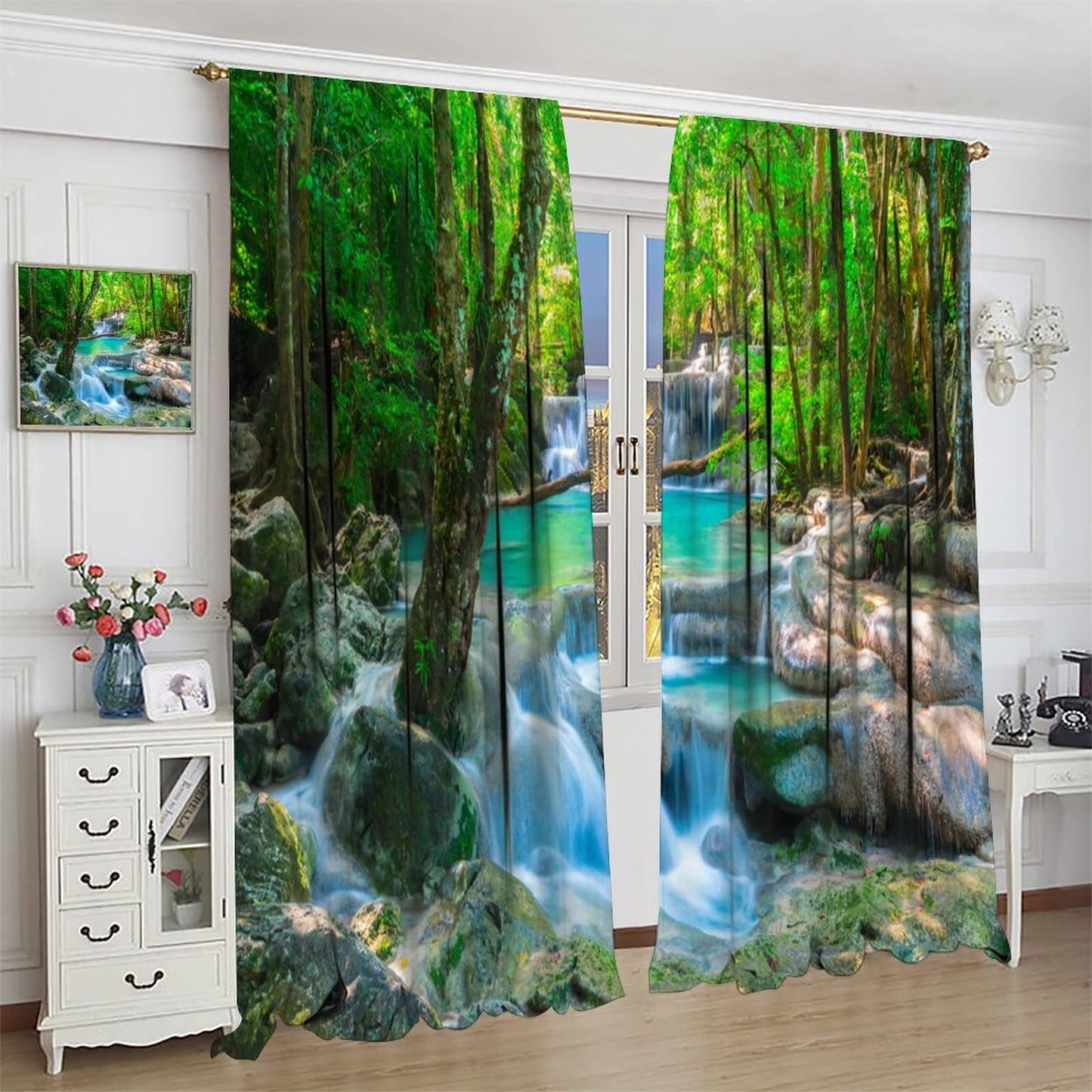 Waterfall Curtains, Spring Forest Nature Landscape Theme Pattern Print, Bedroom Living Room Blackout Curtains, 2 Panel Set, 42X45 Inch