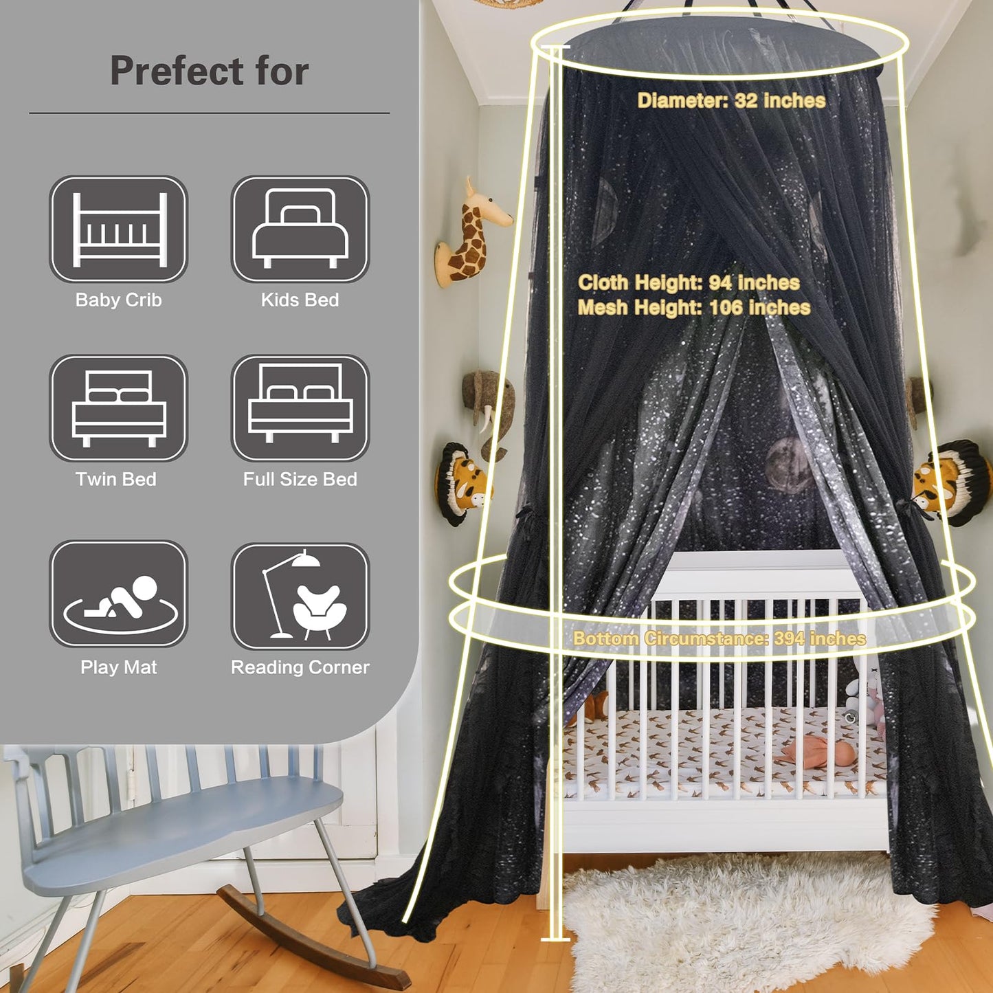 ZXPLO 32"x 106" Bed Canopy for Girls & Adults, Double Layer Princess Round Dome Bed Curtain Canopy Drapes, Dreamy Mosquito Net Reading Nook, Bedroom Decoration (Moon)