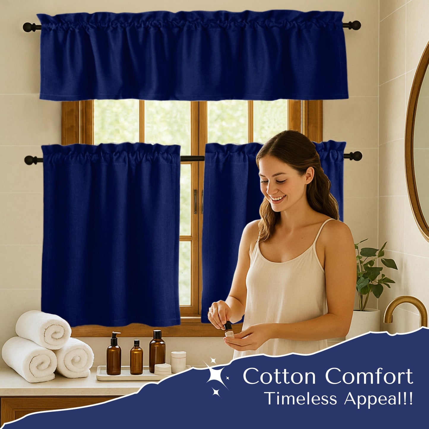 Native Fab 3 Piece Window Curtain Tiers 26"x36" and Valance 54"x18" Set - Rod Pocket - Semi Sheer - Short Curtain for Kitchen, Cafe, Living Room - Ink Blue