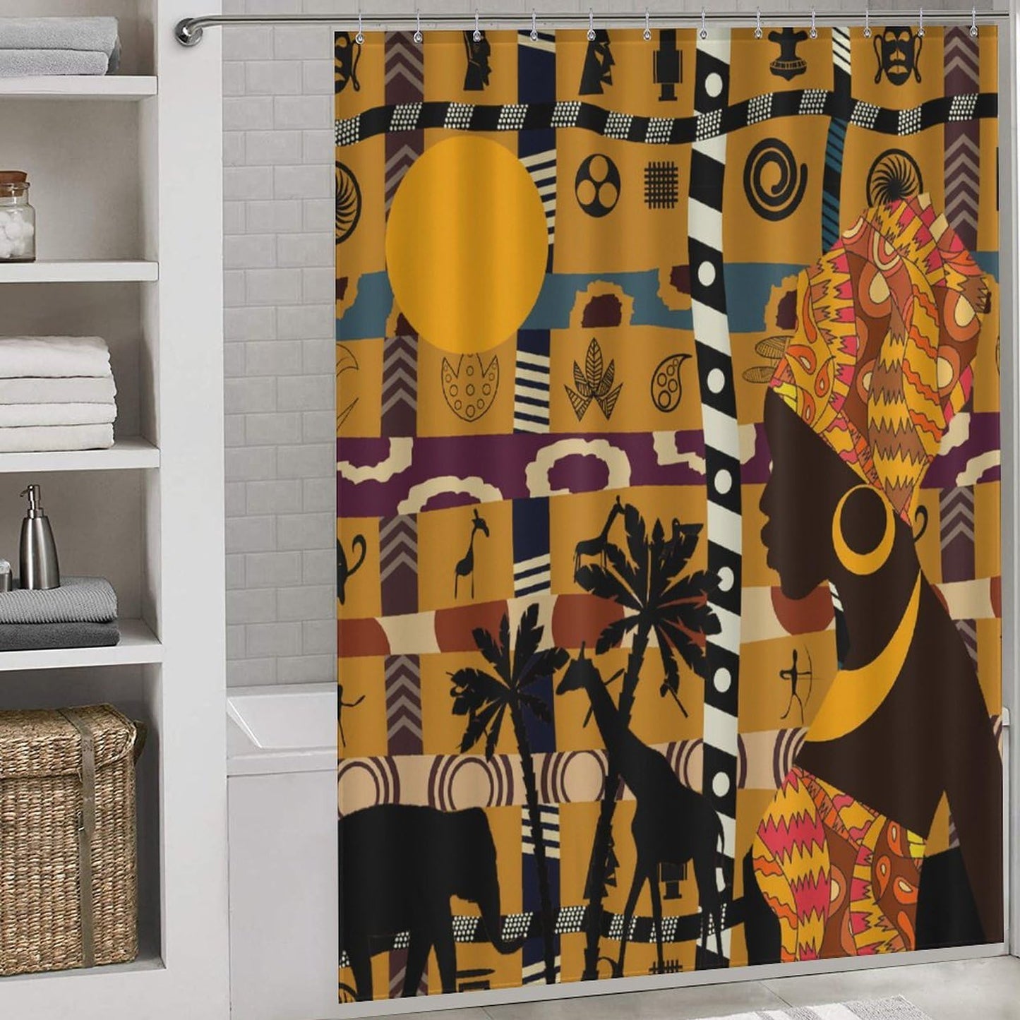 SHADIORA African Shower Curtain, Traditional African Tribal Indian Black Woman Abstract Geometric Ethnic Pattern Brown Rustic Waterproof Fabric Bathroom Shower Curtain Set with Hooks, 72"x72"