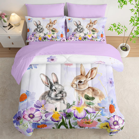 AILONEN Cute Rabbit Comforter Bedding Set Full Size,Watercolor Flower Rabbit Bed in a Bag,7Pcs Girls Kids Soft Kawaii Comforter,Fitted Sheet,Flat Sheet,2 Pillowcases,2 Pillow Shams