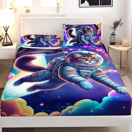 AILONEN 3D Kids Astronaut Bed Sheet Set - Fitted Sheet with 2 Pillowcases, Colorful Galaxy Ship Pattern