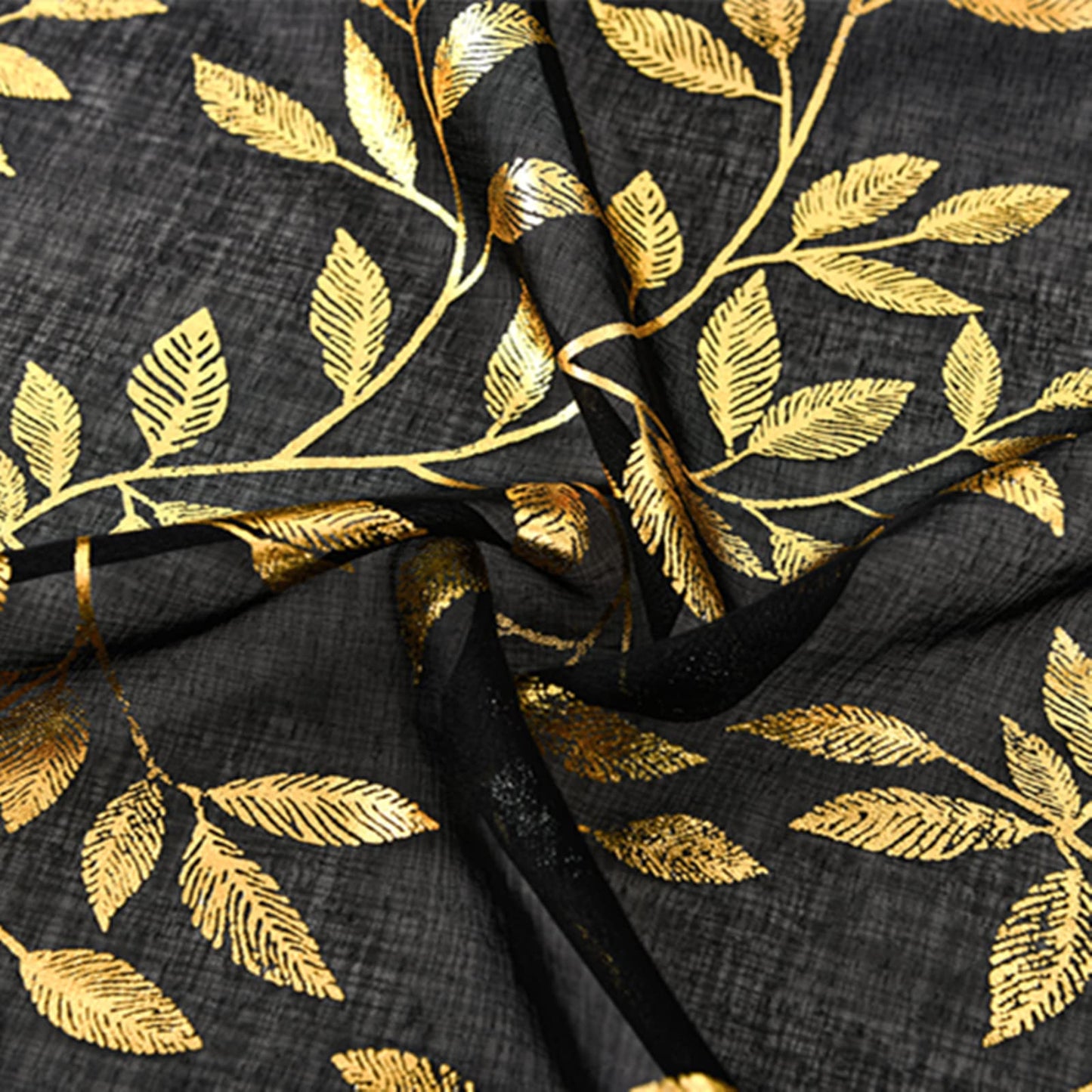 Deeprove Black Sheer Curtains 84 Inch Length 2 Panels Set, Gold Foil Metallic Branch Vine Leaves Print Window Treatments for Bedroom Halloween Decor, Bronzing Drapes Pair Rod Pocket 52" W x 84" L
