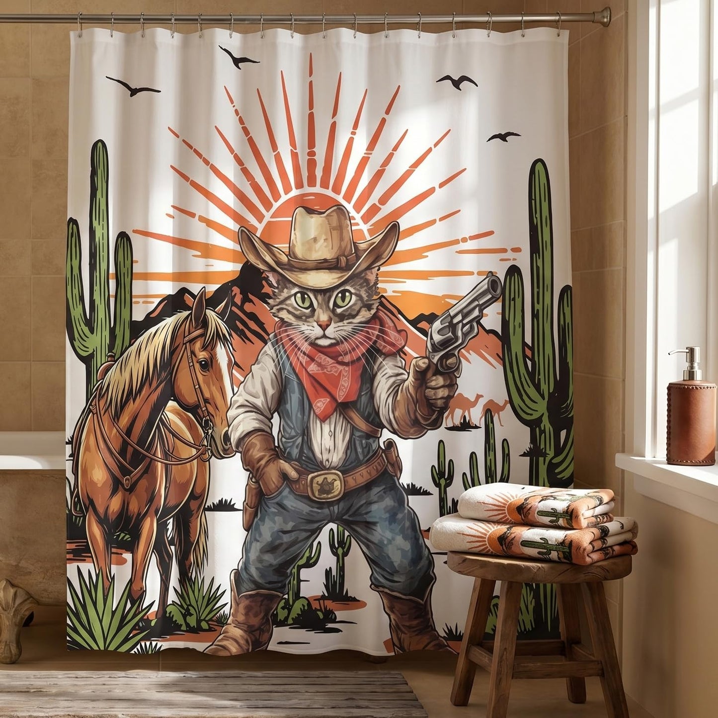 InIsaJace Cowboy Cat Shower Curtain, Funny Western Shower Curtains for Bathroom Decor, Waterproof Cactus Bath Tub Curtain with Hooks(71 X 71 Inches)