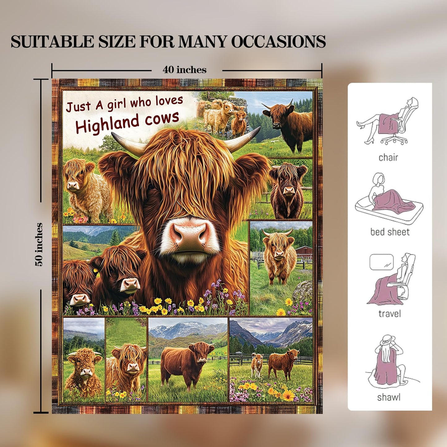Highland Cow Blanket Highland Cow Decor Cozy Animal Throw Super Soft Plush Flannel Fleece Blanket Gift for Kids Adults Men Women Ultra Warm & Lightweight Flannel, 50"X40"