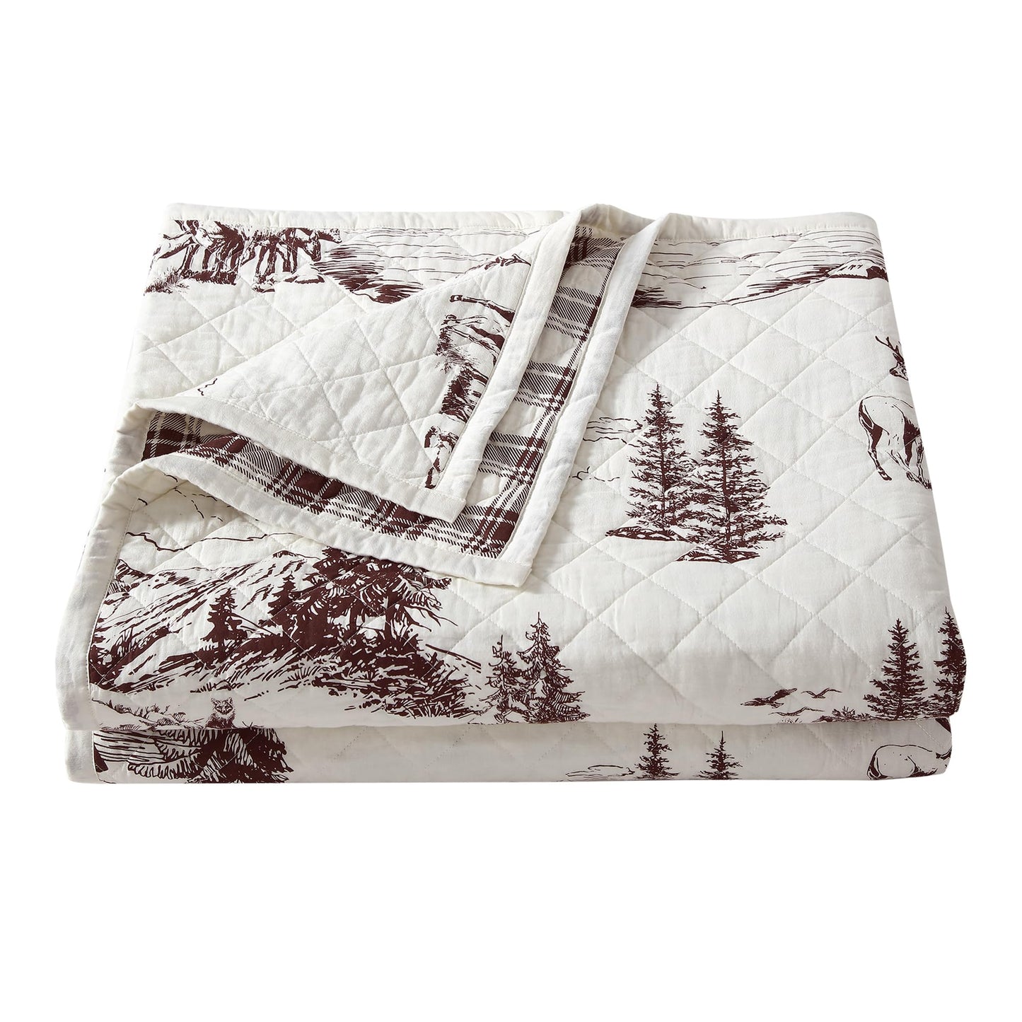 Paseo Road White Pine Rustic Bedding 3 Piece Full Queen Quilt Set, Cotton White Brown Bear Deer Pine Tree Woodland Print Cabin Bedding, Reversible Lodge Quilt Set with Pillow Shams
