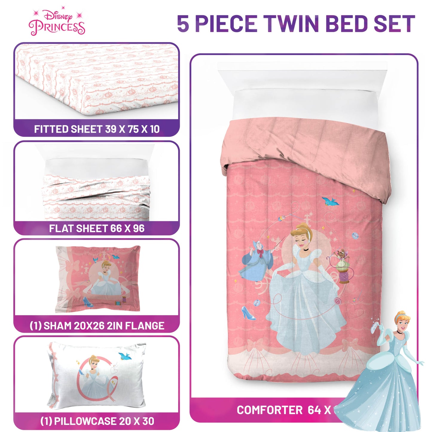 Jay Franco Kids Comforter Set Includes Sheets and Pillow Covers - Soft and Cozy Bed Set for Stylish Room Decor, Pink - Princess Cinderella, 5 Piece Twin Size Bedding