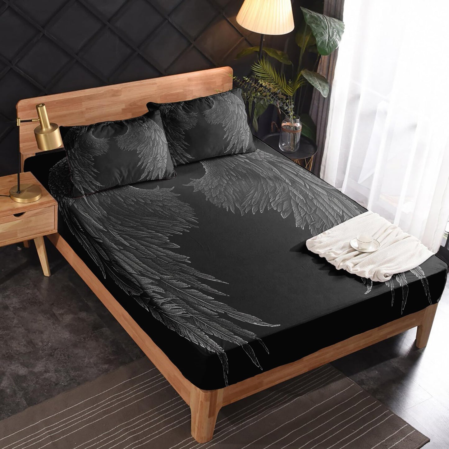 zcsm Angel Wings Sheets Queen Size - Black Angel Wing Bed Sheets, Soft Microfiber & Deep Pocket & Wrinkle Free Patterned Bedding Sheets & Pillowcases, 1 Fitted Sheet, 1 Flat Sheet, 2 Pillow Cases