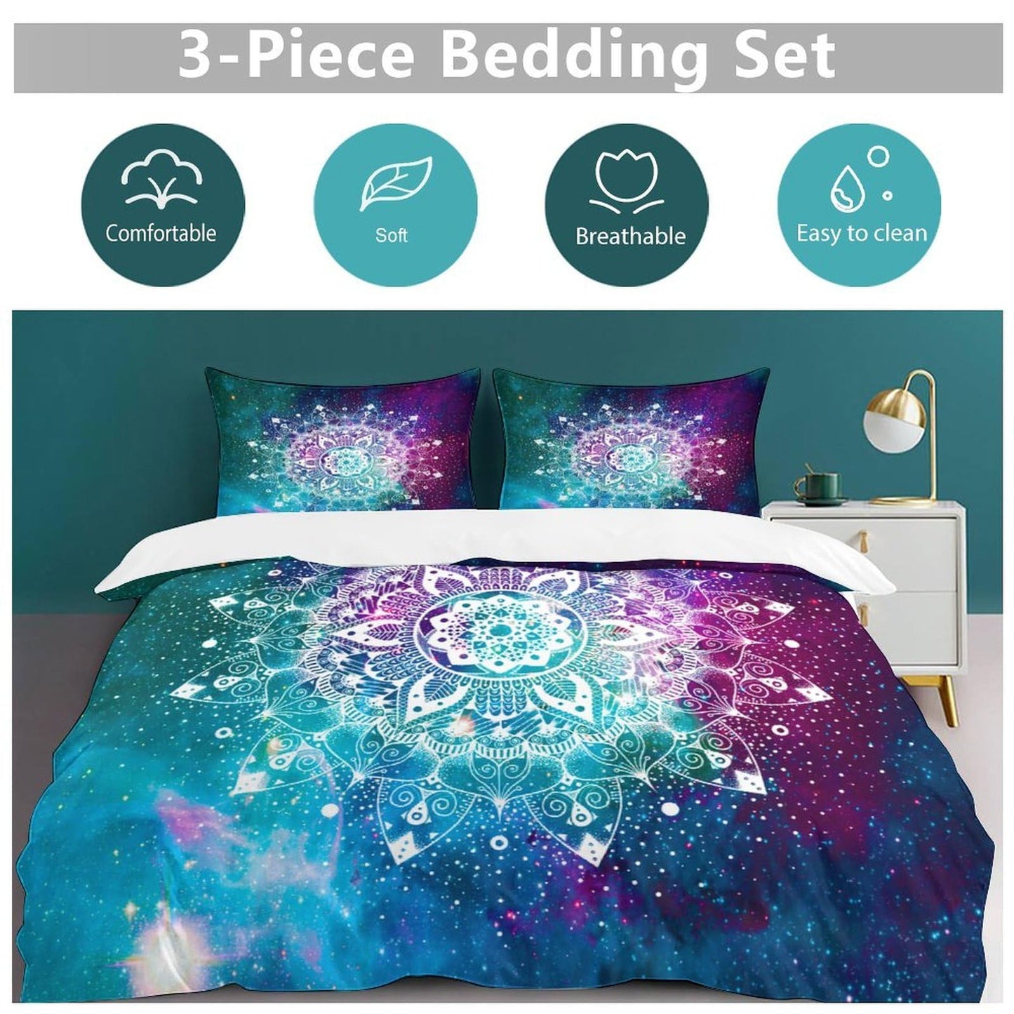 AAVEUP Hippie Comforter Set Boho Mandala Galaxy Space Indian Trippy Aesthetic Purple Blue Printed Bedding Set with 1 Comforter and 2 Pillowcases for Boys Girls Bedroom 79x90in (Without Liner)