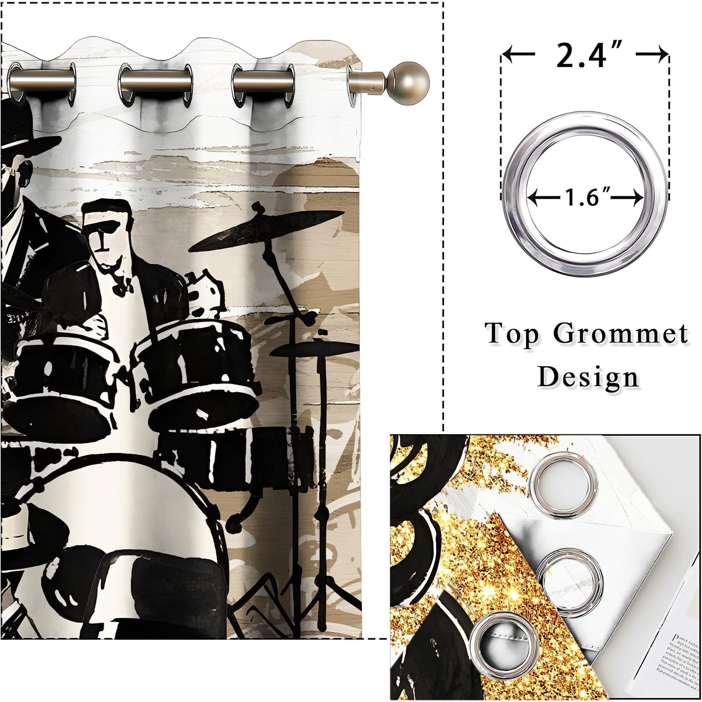 HIYSMT American Woman Jazz Music Curtains African Black Girl Singing Jazzist Band Blackout Curtain Afrocentric Black Gold Modern Art Treatments for Music Room Bedroom 4263inch 2Panel HI033DX
