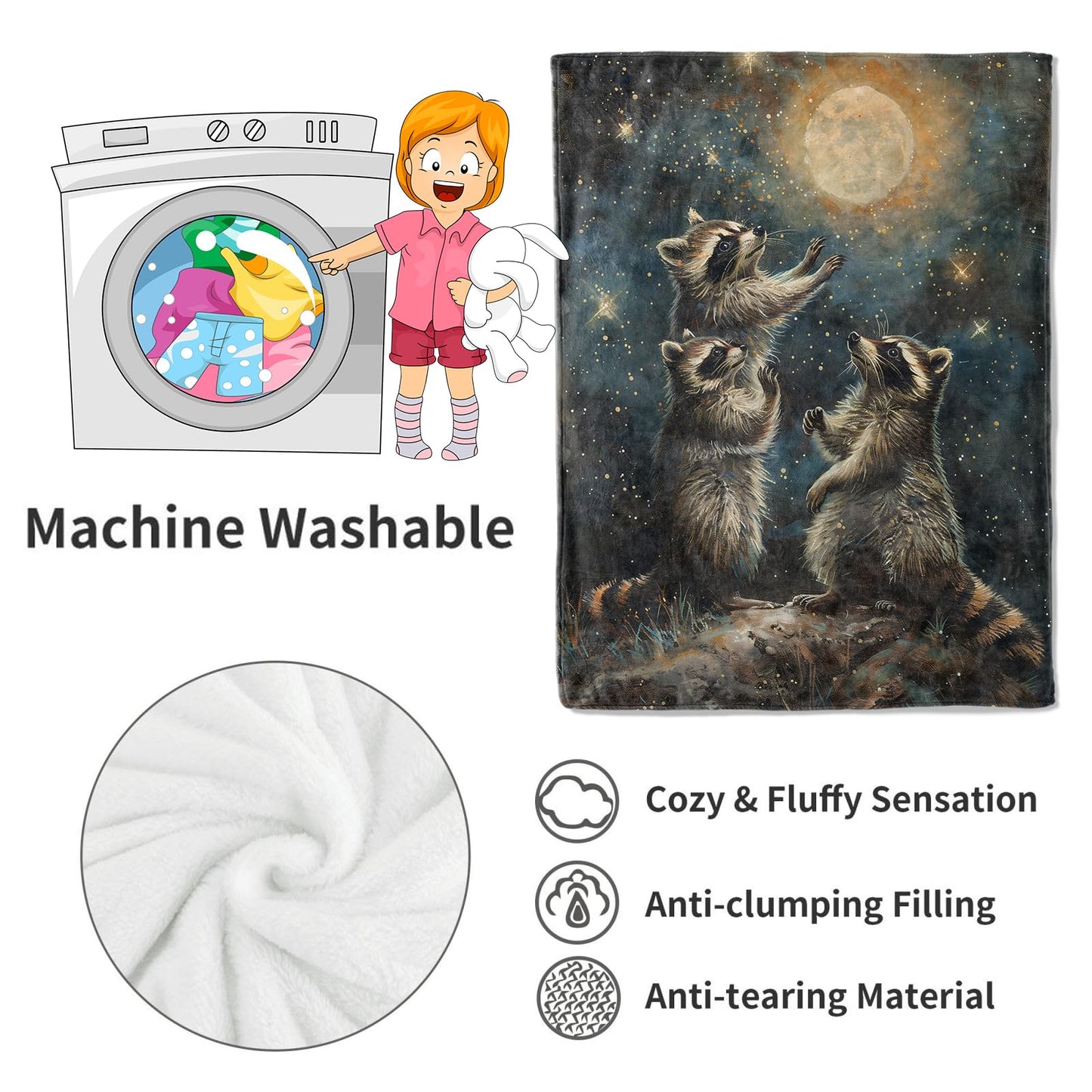 VODRM Raccoon Blanket Starry Night Throw Blankets,Birthday Gifts for Kids Adult & Wildlife Lovers,Lightweight Soft Fleece with Animal Under The Moon,for Sofa Couch Bed Room Decor 50x60in